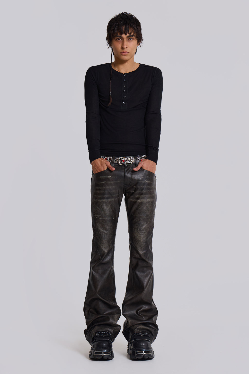 Washed Black PU Drift Bootcut Jeans