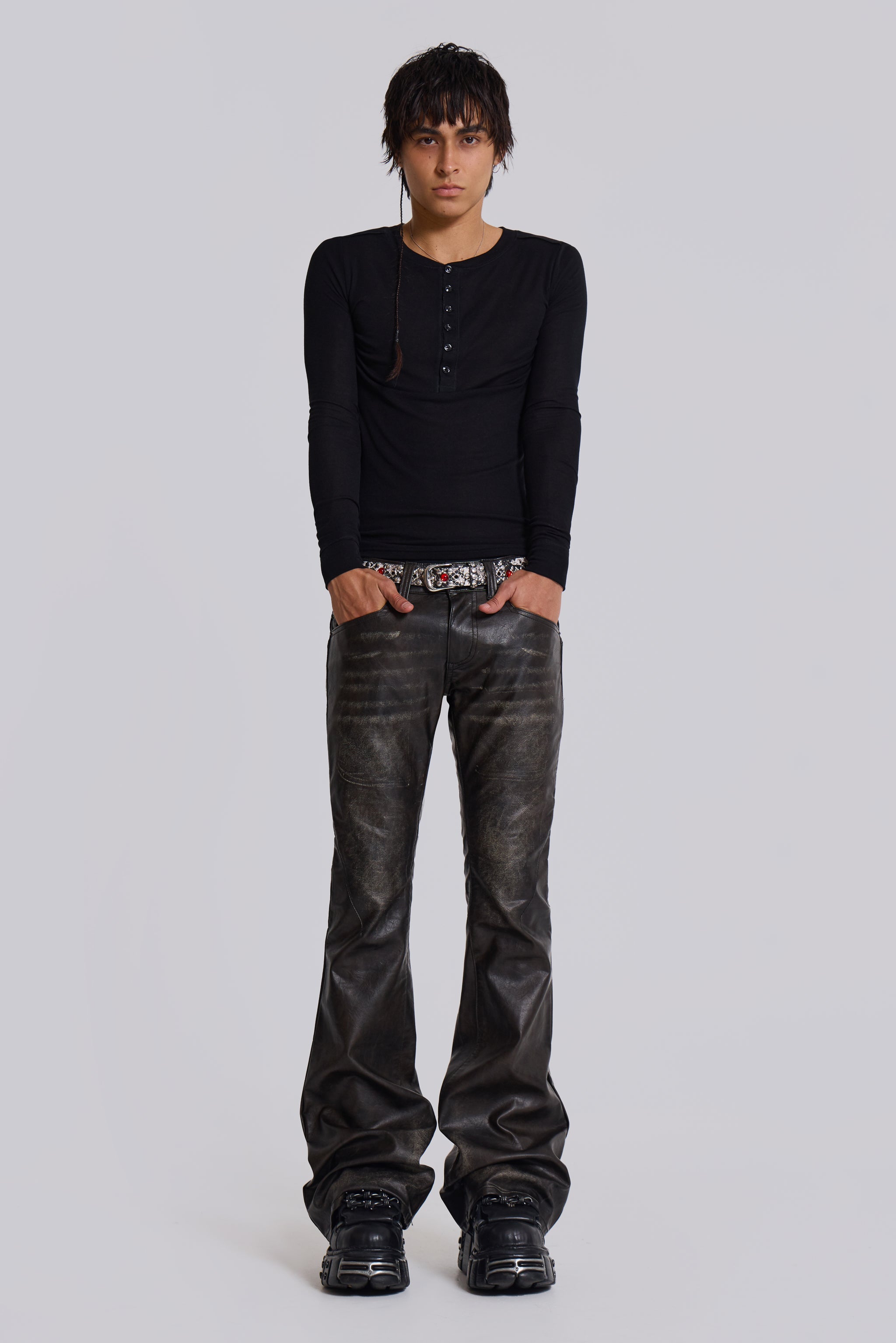 Washed Black PU Drift Bootcut Jeans