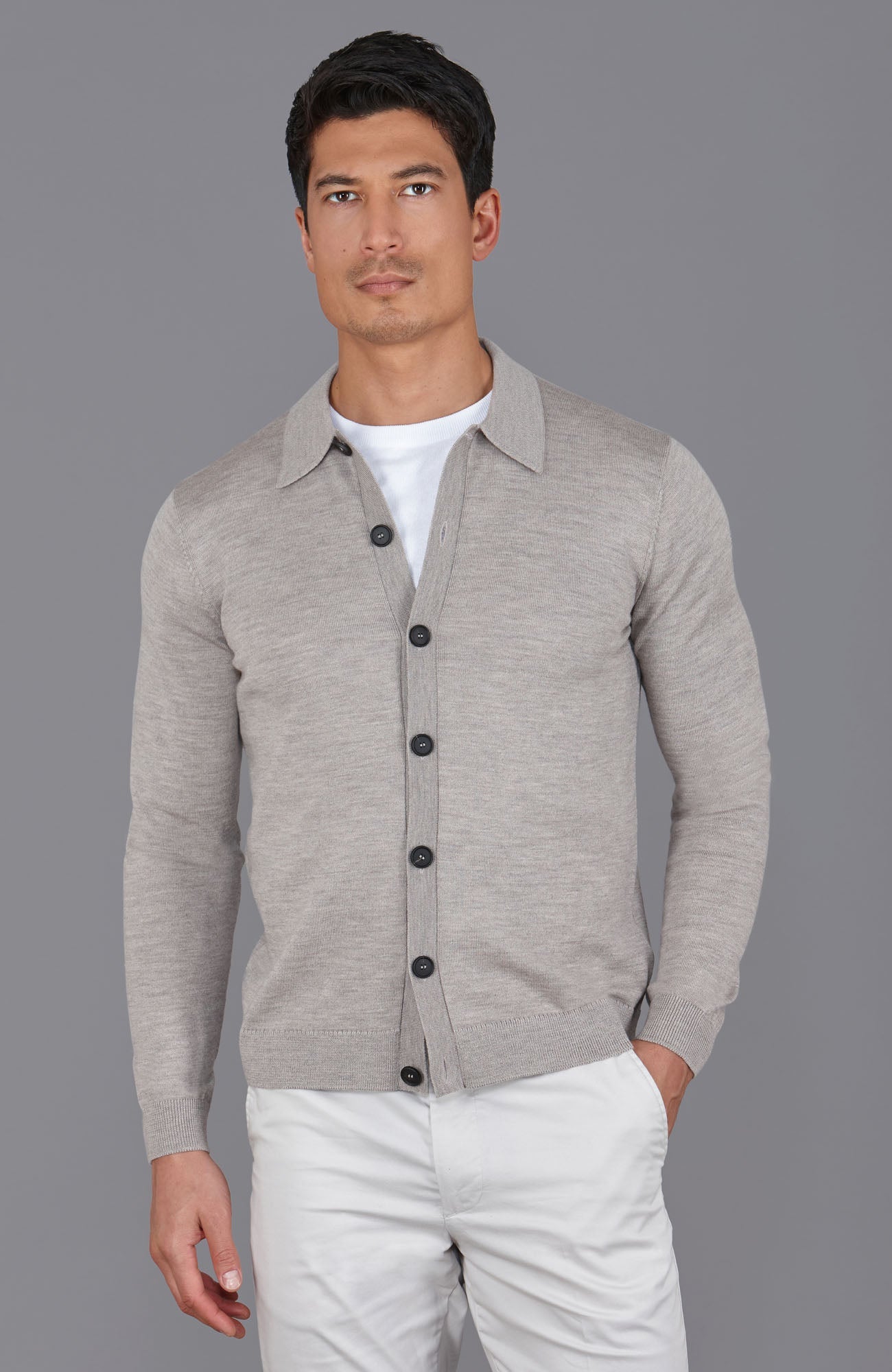 Mens Extra Fine Merino Wool Polo Cardigan