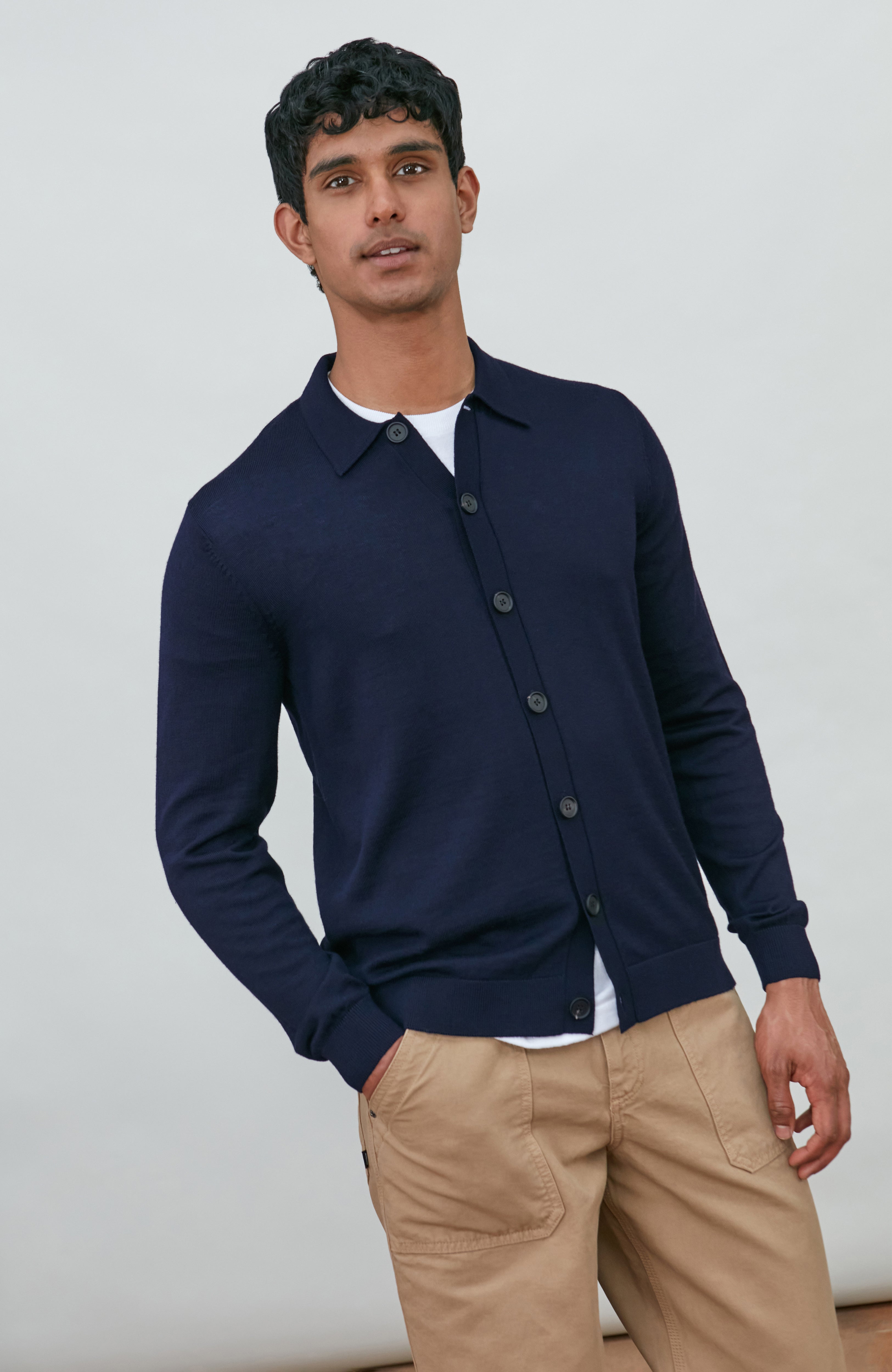 Mens Extra Fine Merino Wool Polo Cardigan