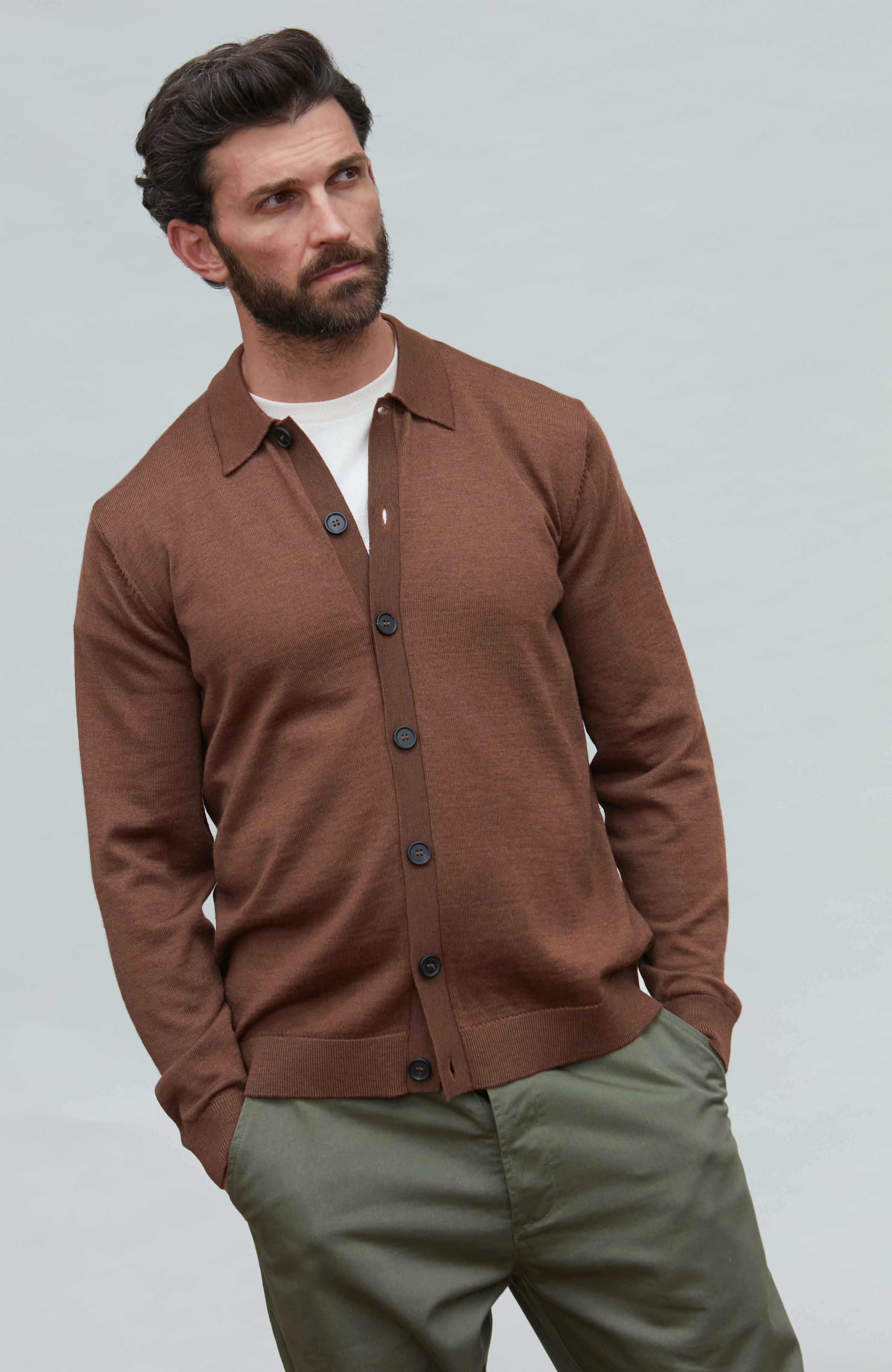 Mens Extra Fine Merino Wool Polo Cardigan