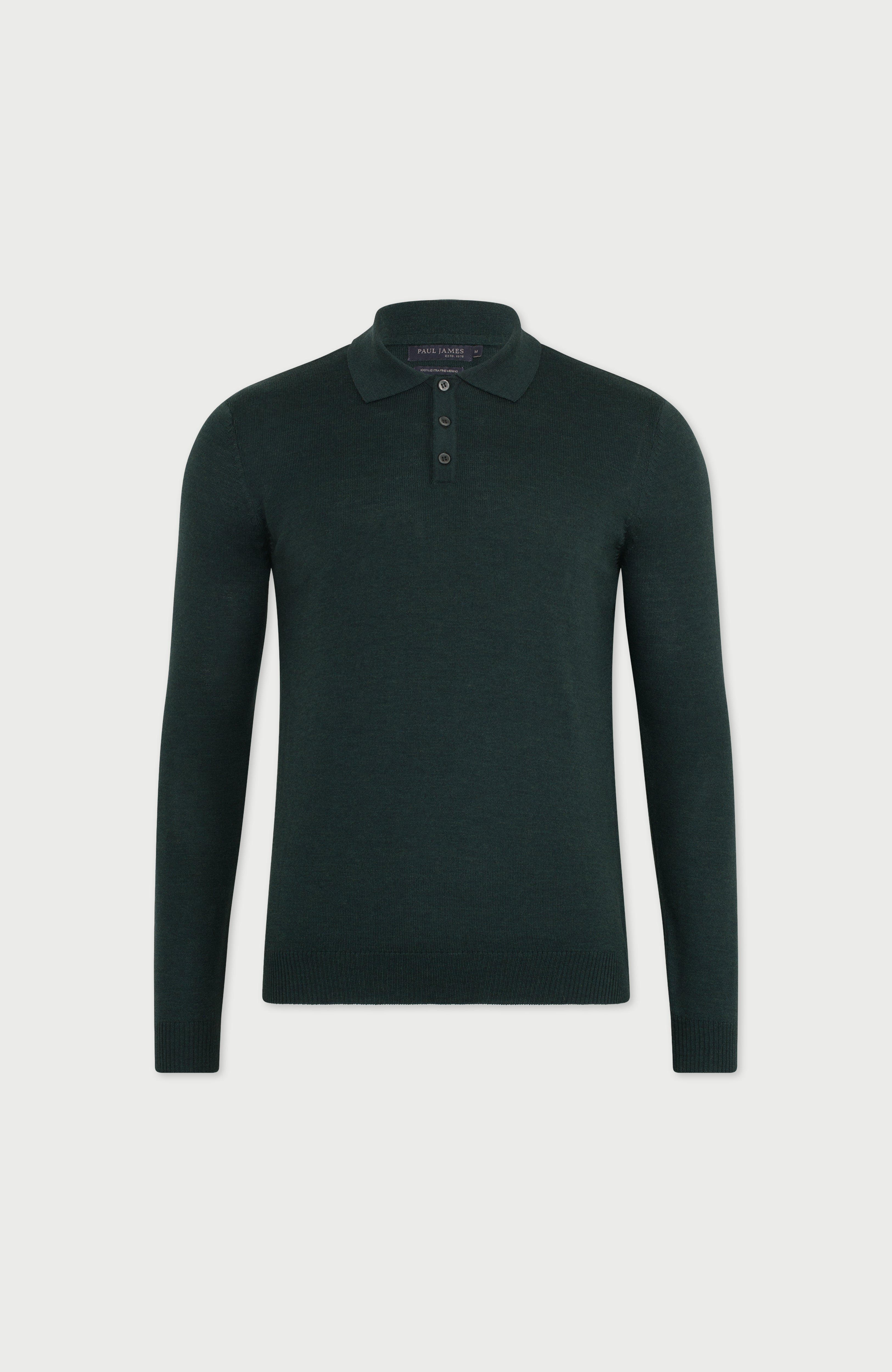 Mens Extra Fine Merino Wool Long Sleeve Polo Shirt