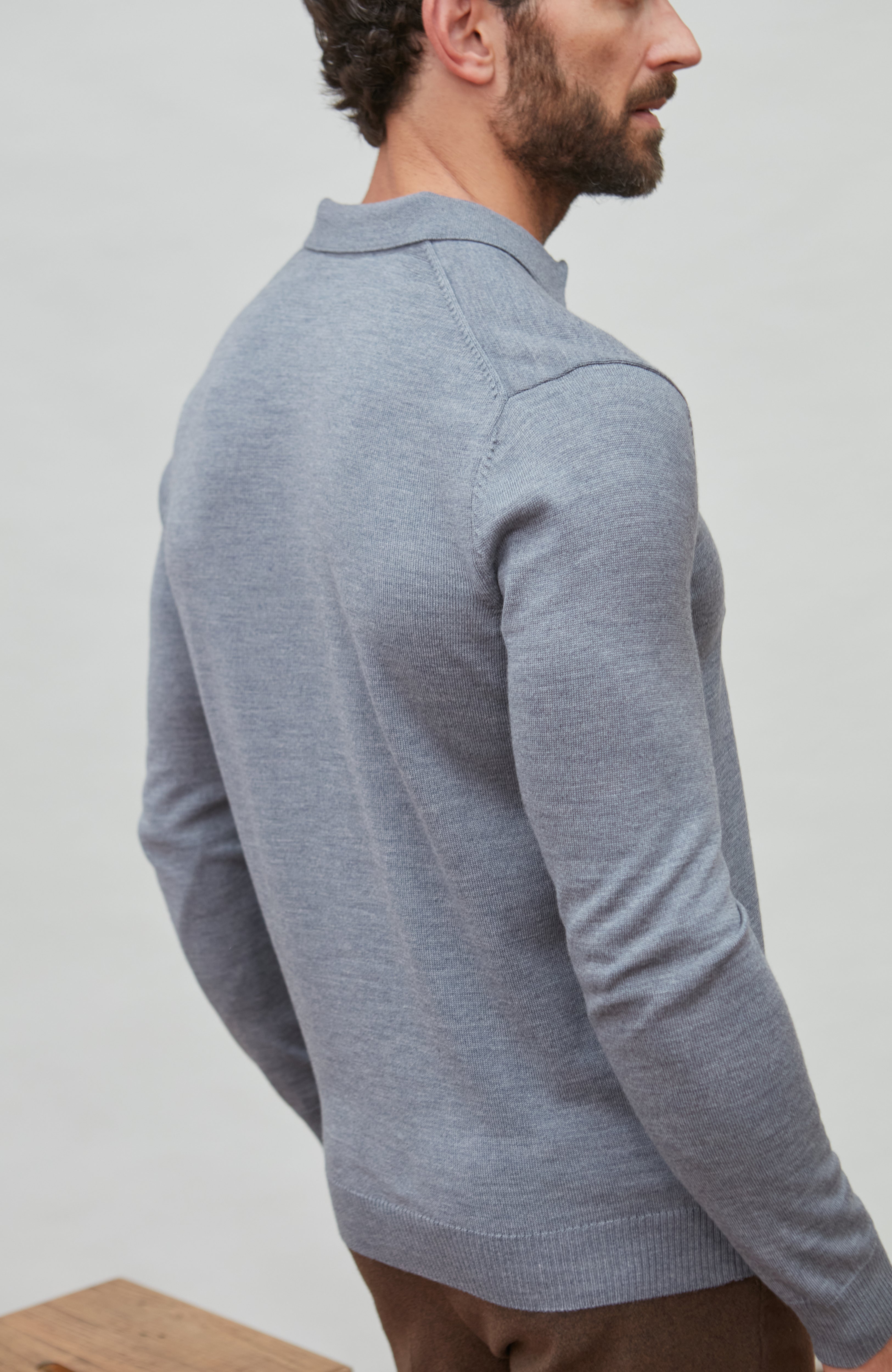 Mens Extra Fine Merino Wool Long Sleeve Polo Shirt