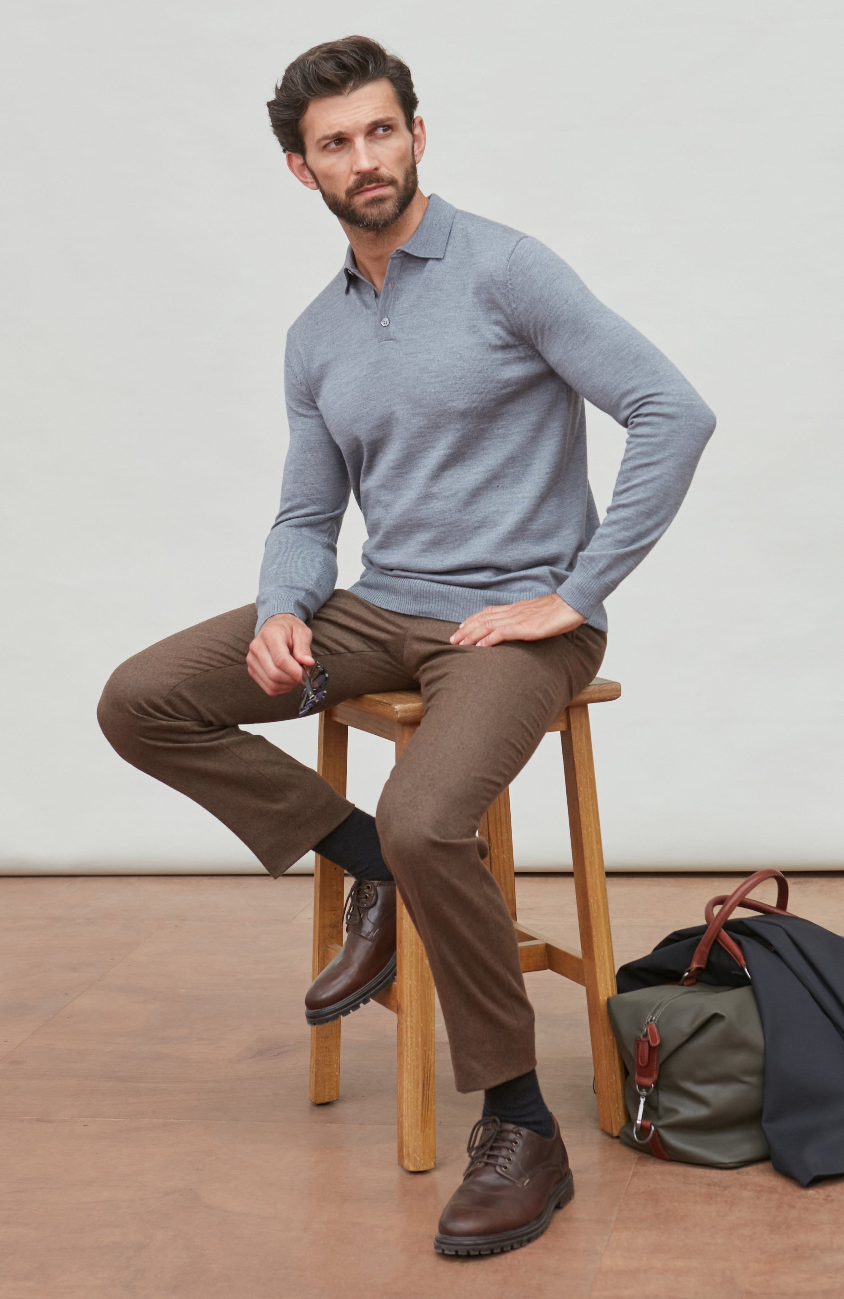 Mens Extra Fine Merino Wool Long Sleeve Polo Shirt