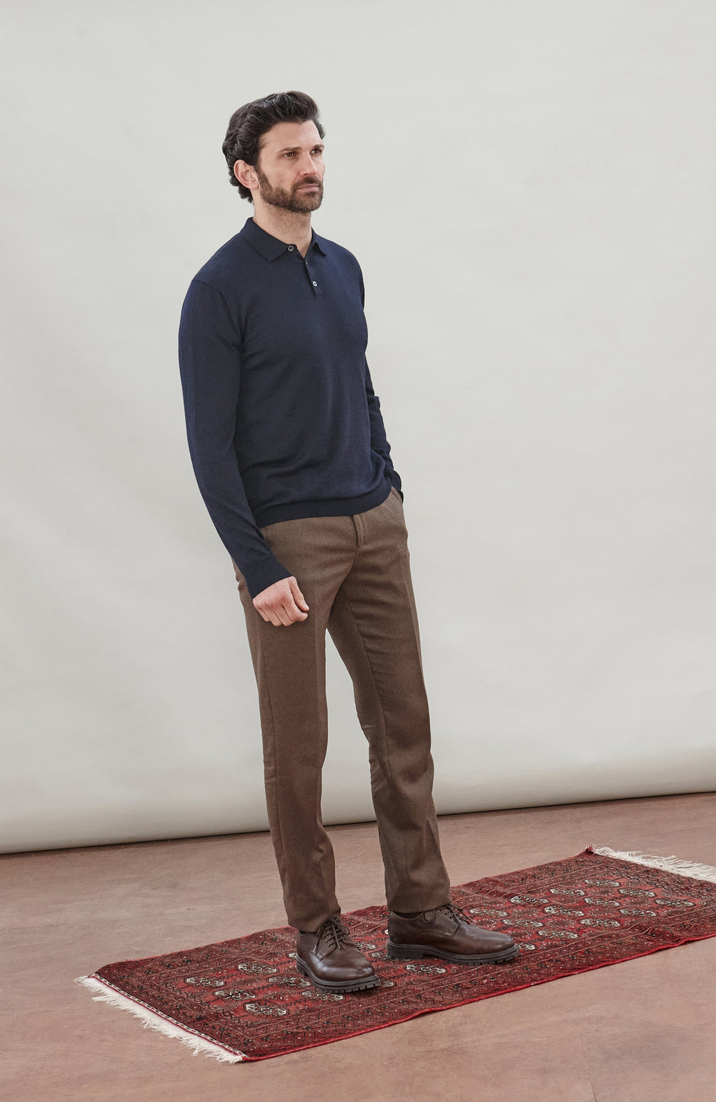 Mens Extra Fine Merino Wool Long Sleeve Polo Shirt