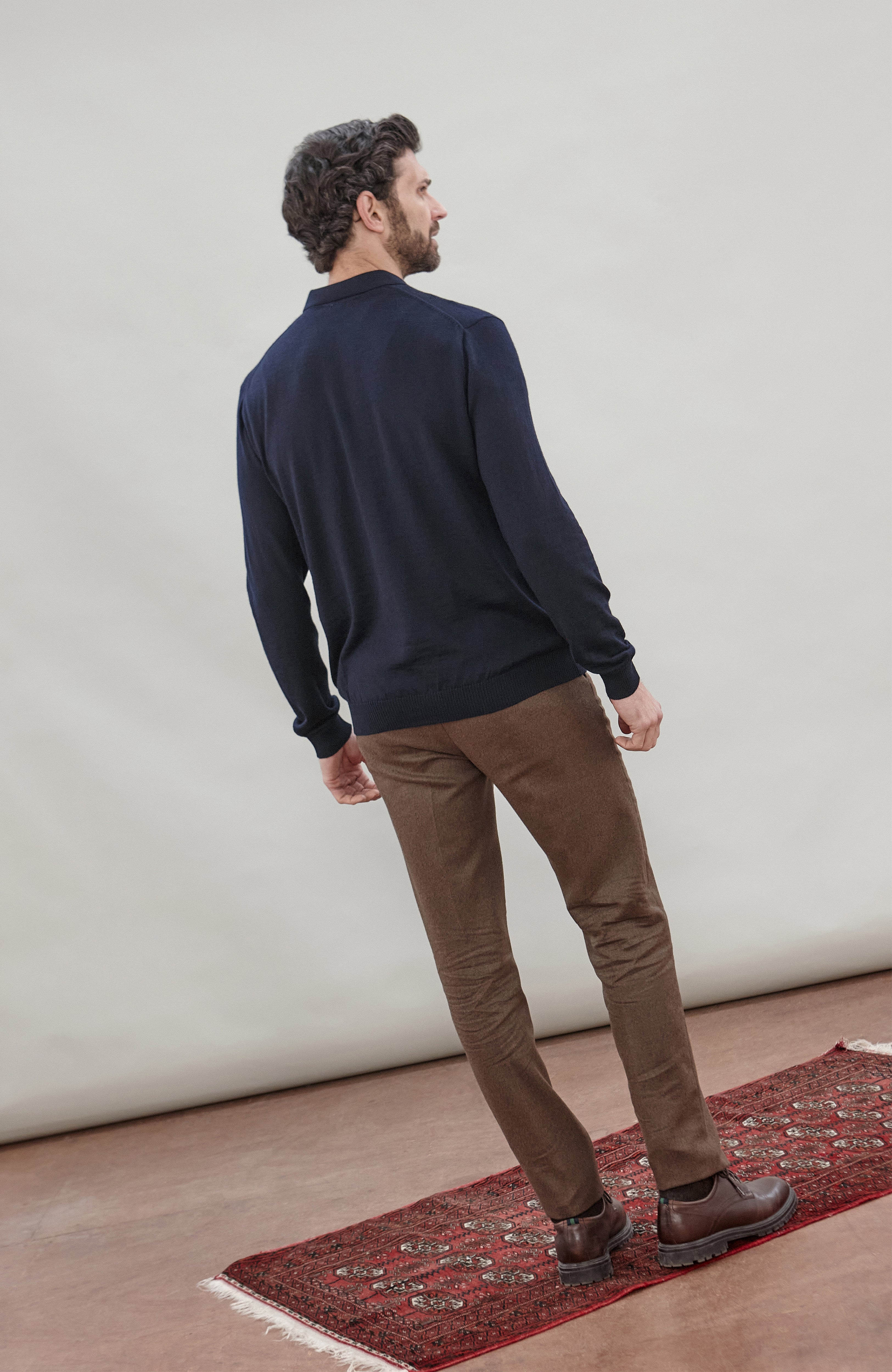 Mens Extra Fine Merino Wool Long Sleeve Polo Shirt
