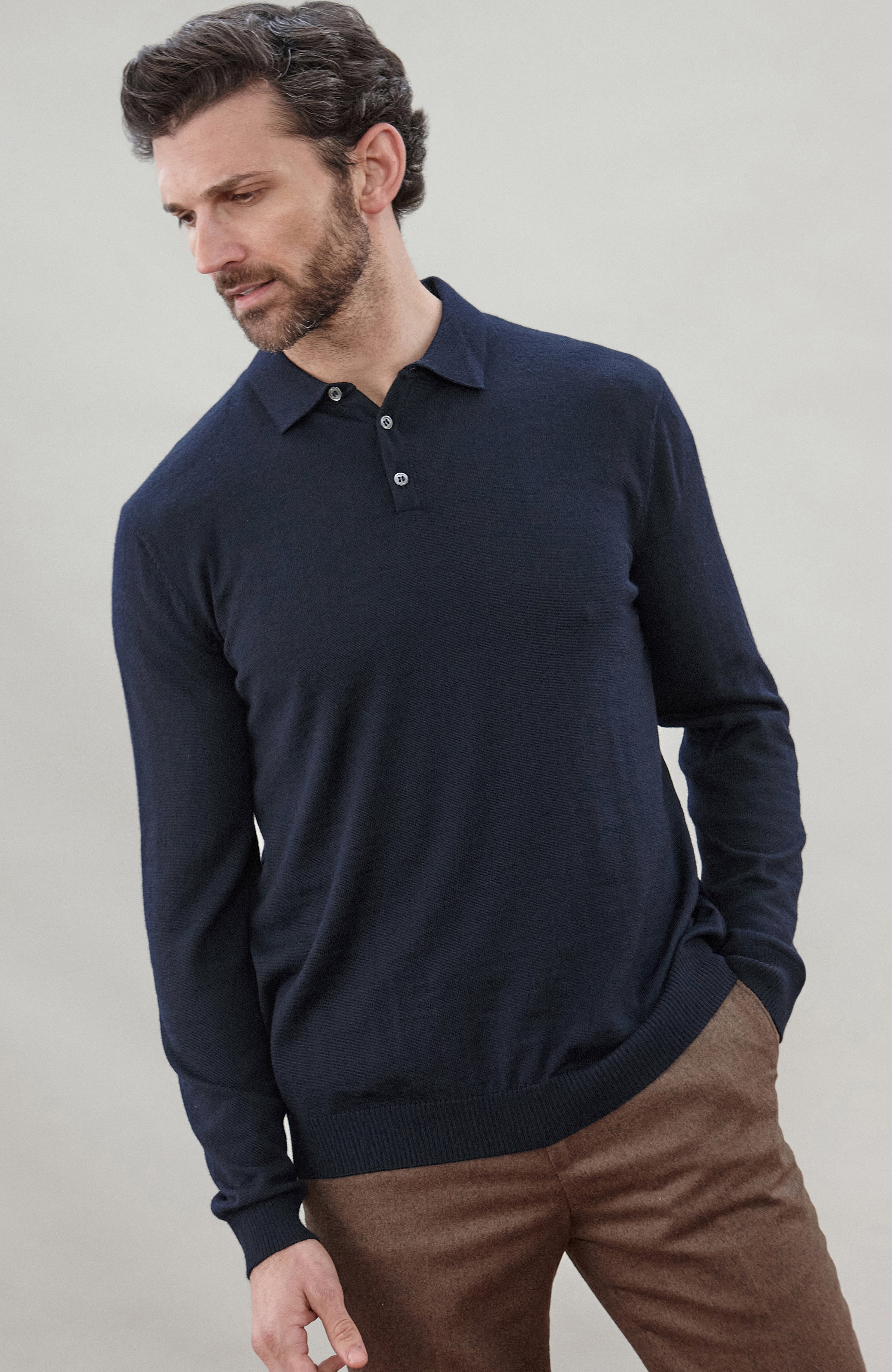 Mens Extra Fine Merino Wool Long Sleeve Polo Shirt