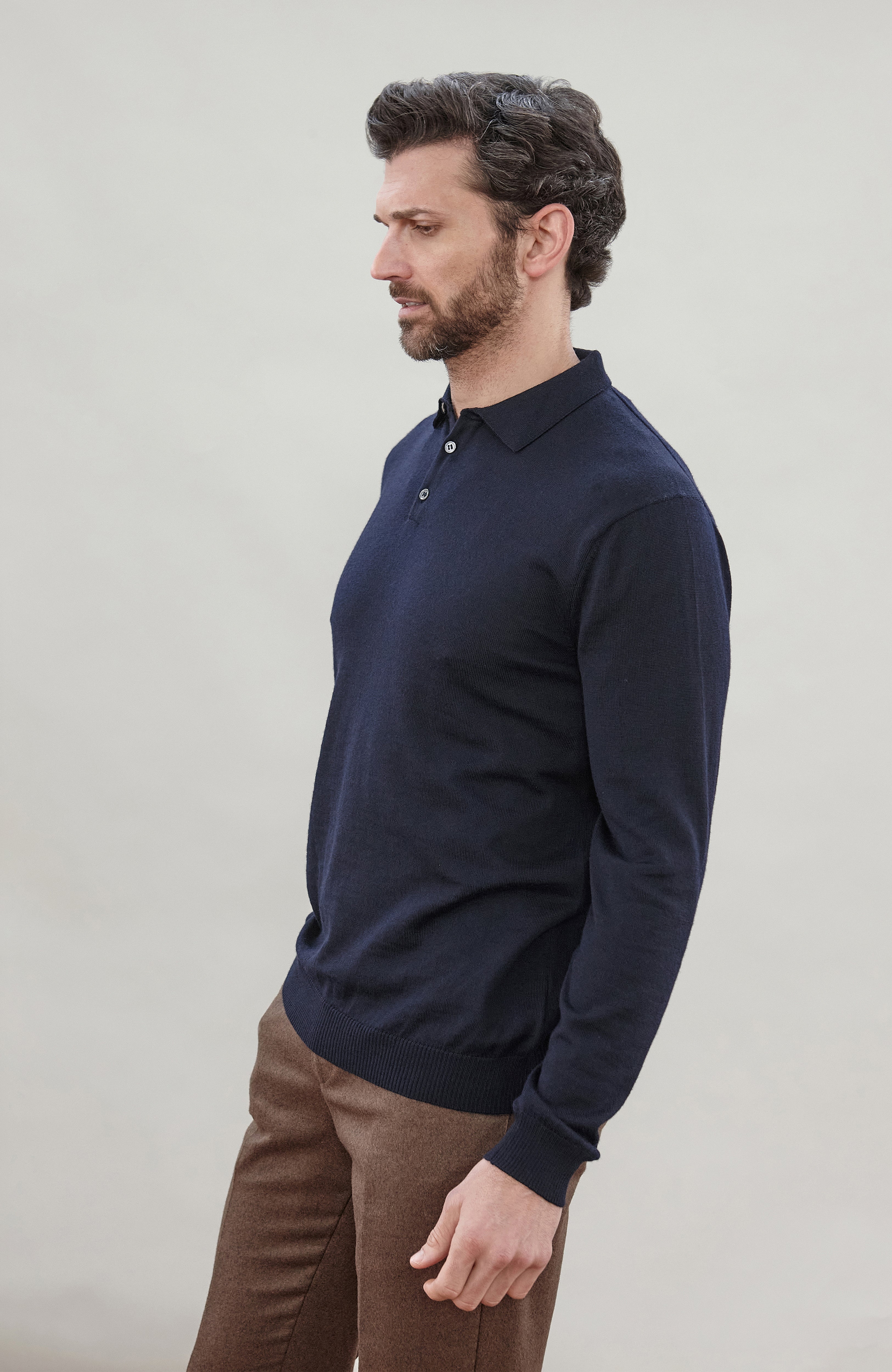 Mens Extra Fine Merino Wool Long Sleeve Polo Shirt