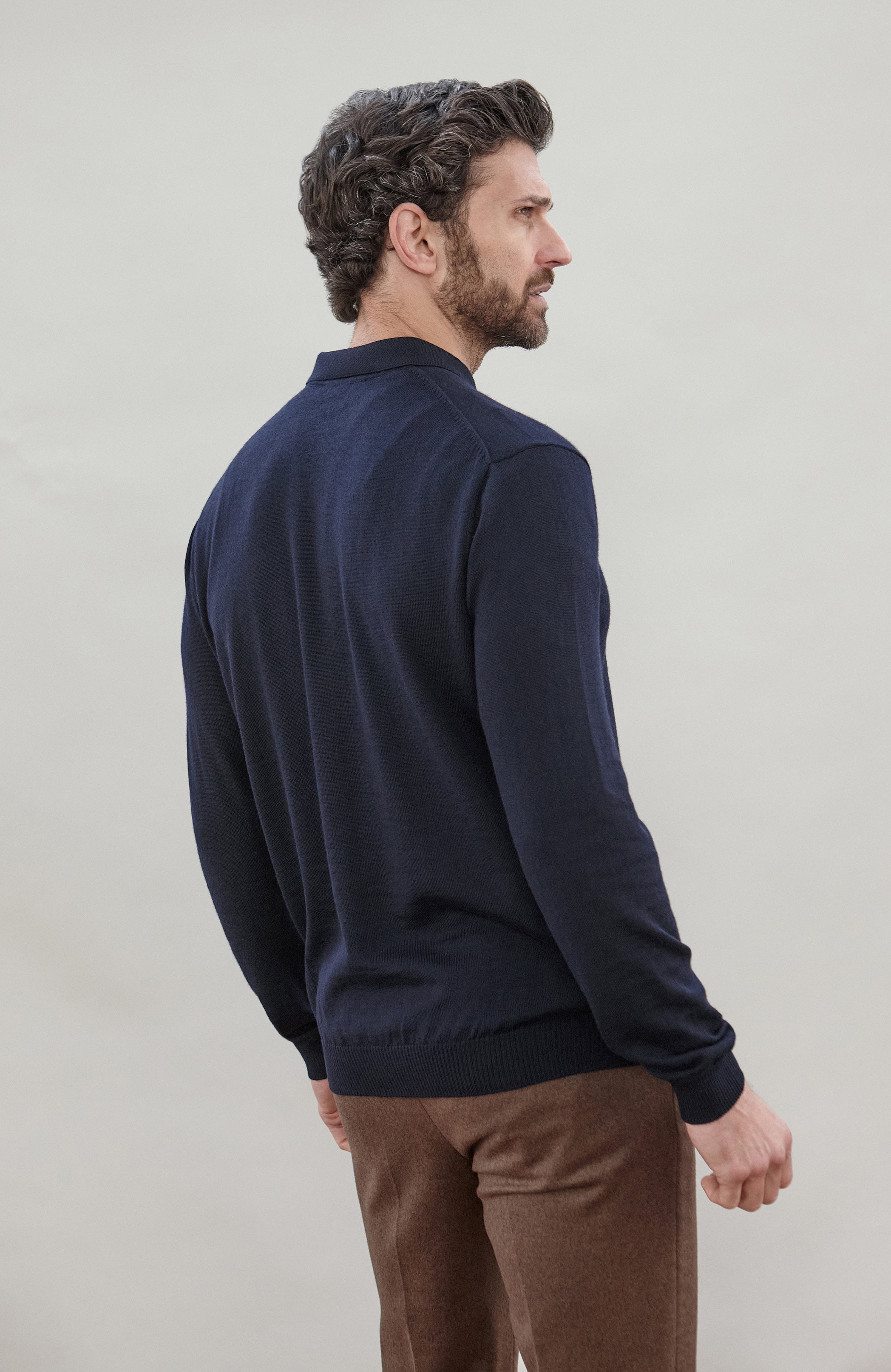 Mens Extra Fine Merino Wool Long Sleeve Polo Shirt