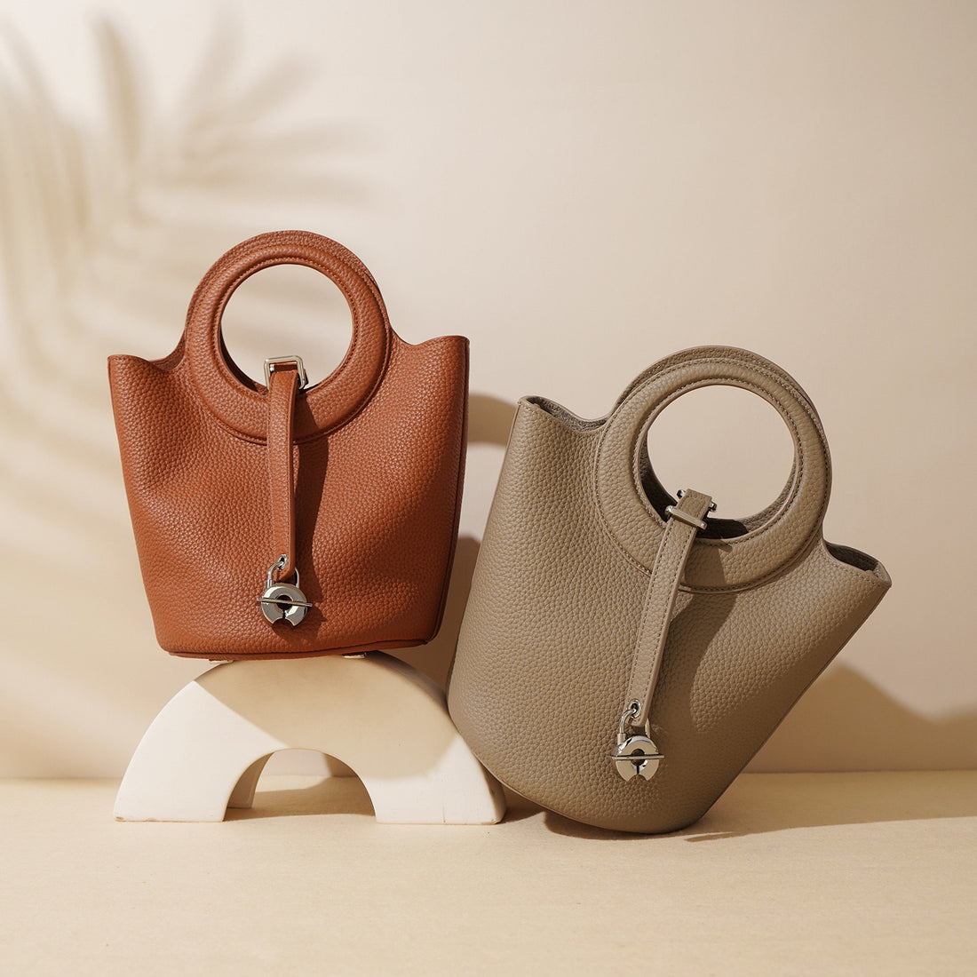 Elegant Duo – Genuine Grained Leather Bag with Cosmetic Pouch and Long Strap