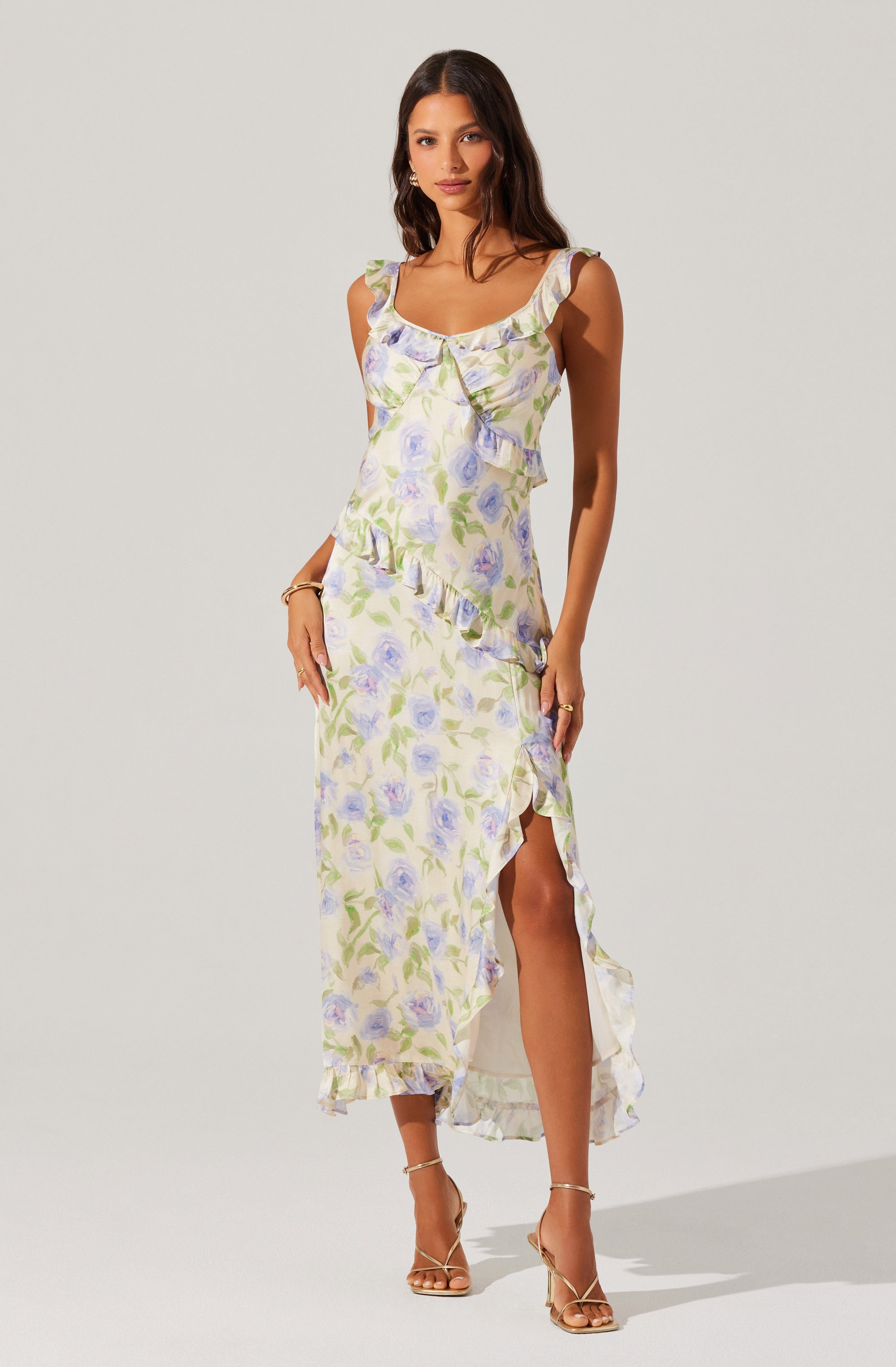 Rosalina Satin Ruffle Midi Dress