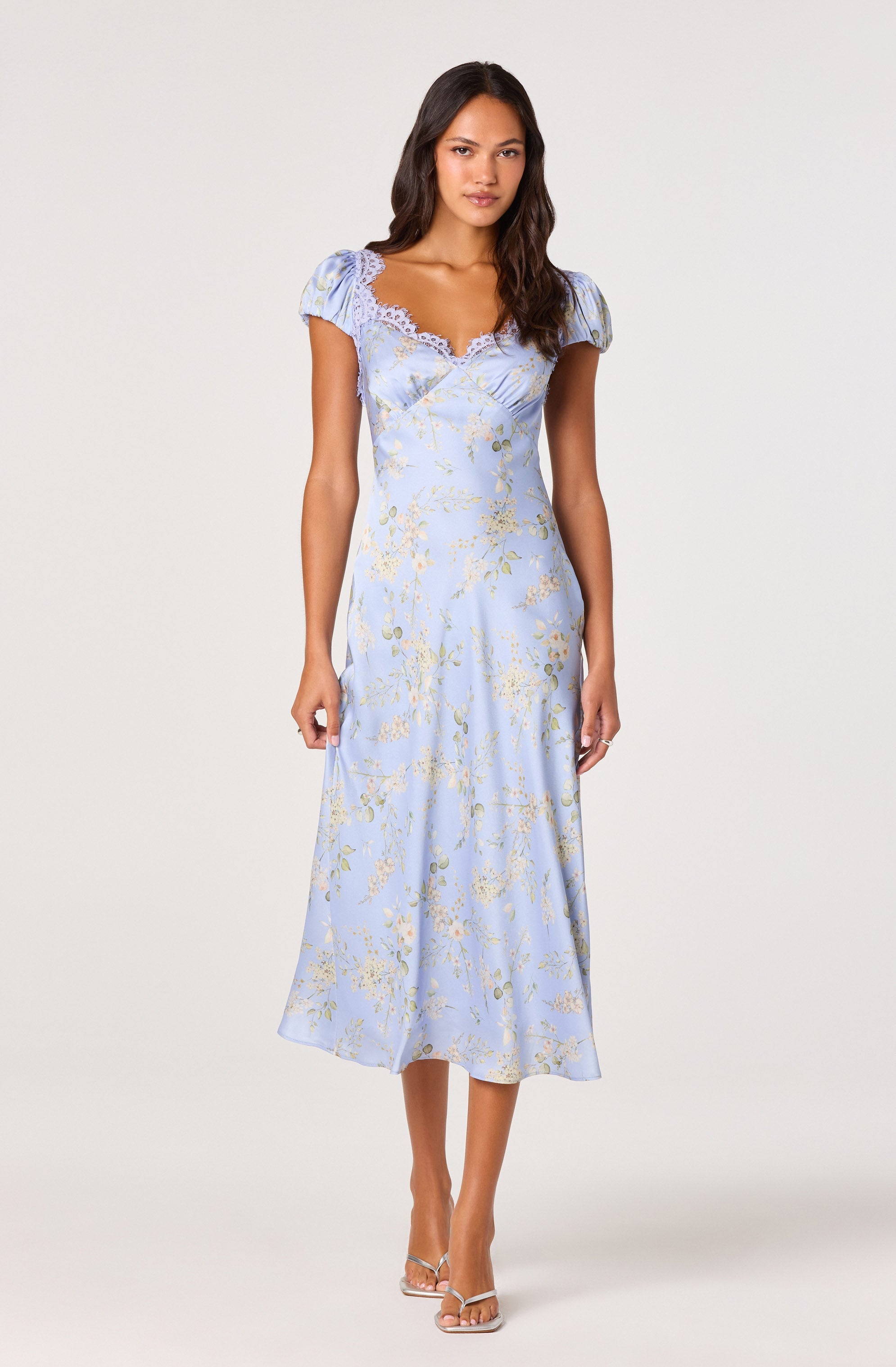 Makaela Puff Sleeve Floral Satin Midi Dress