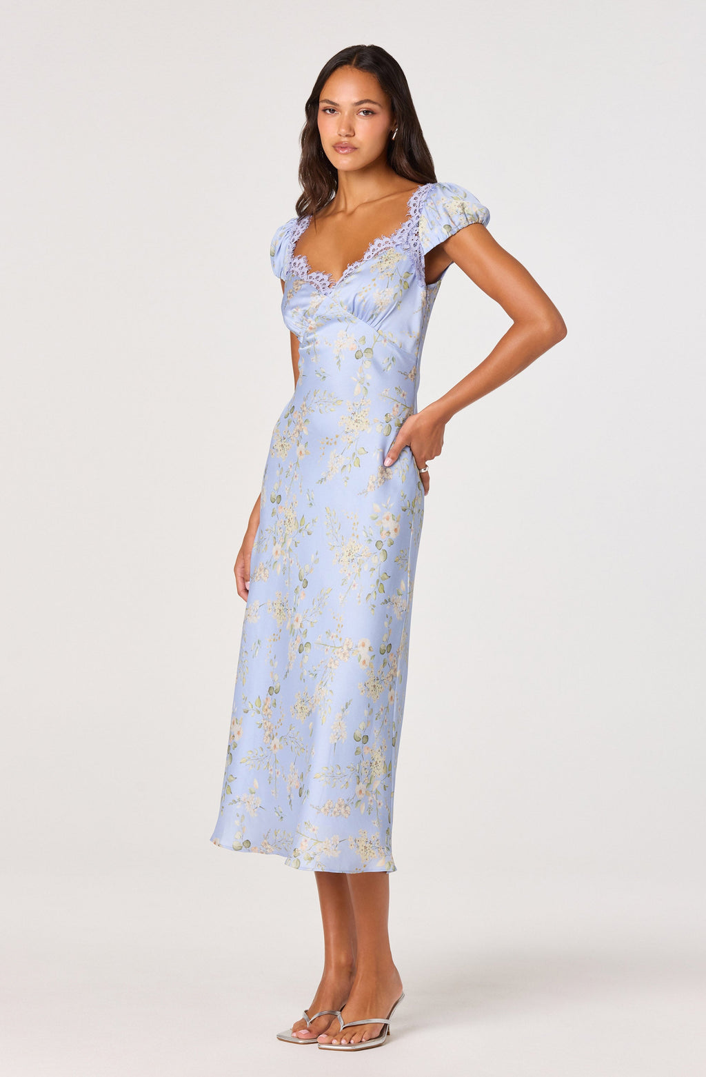 Makaela Puff Sleeve Floral Satin Midi Dress