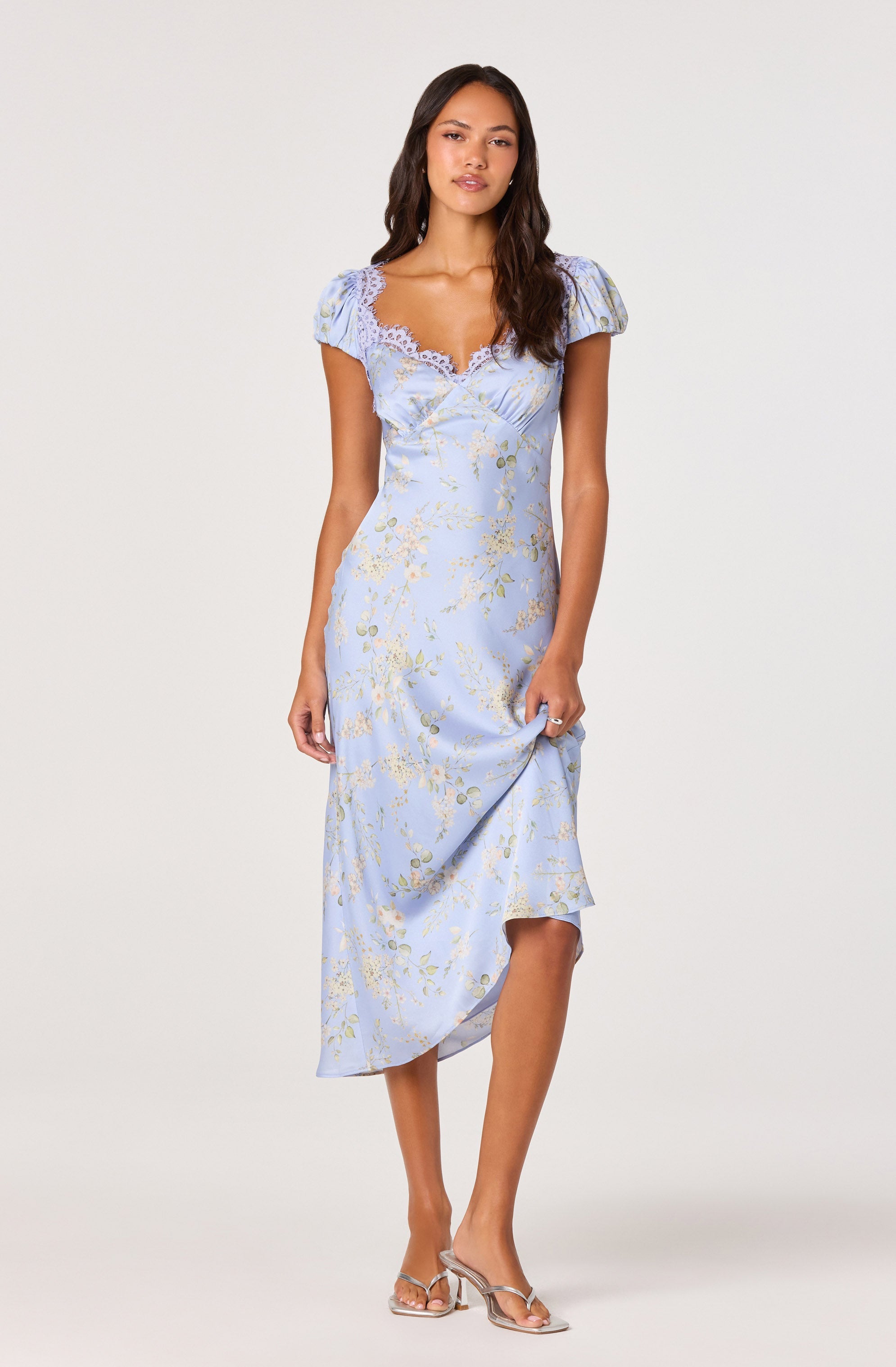 Makaela Puff Sleeve Floral Satin Midi Dress