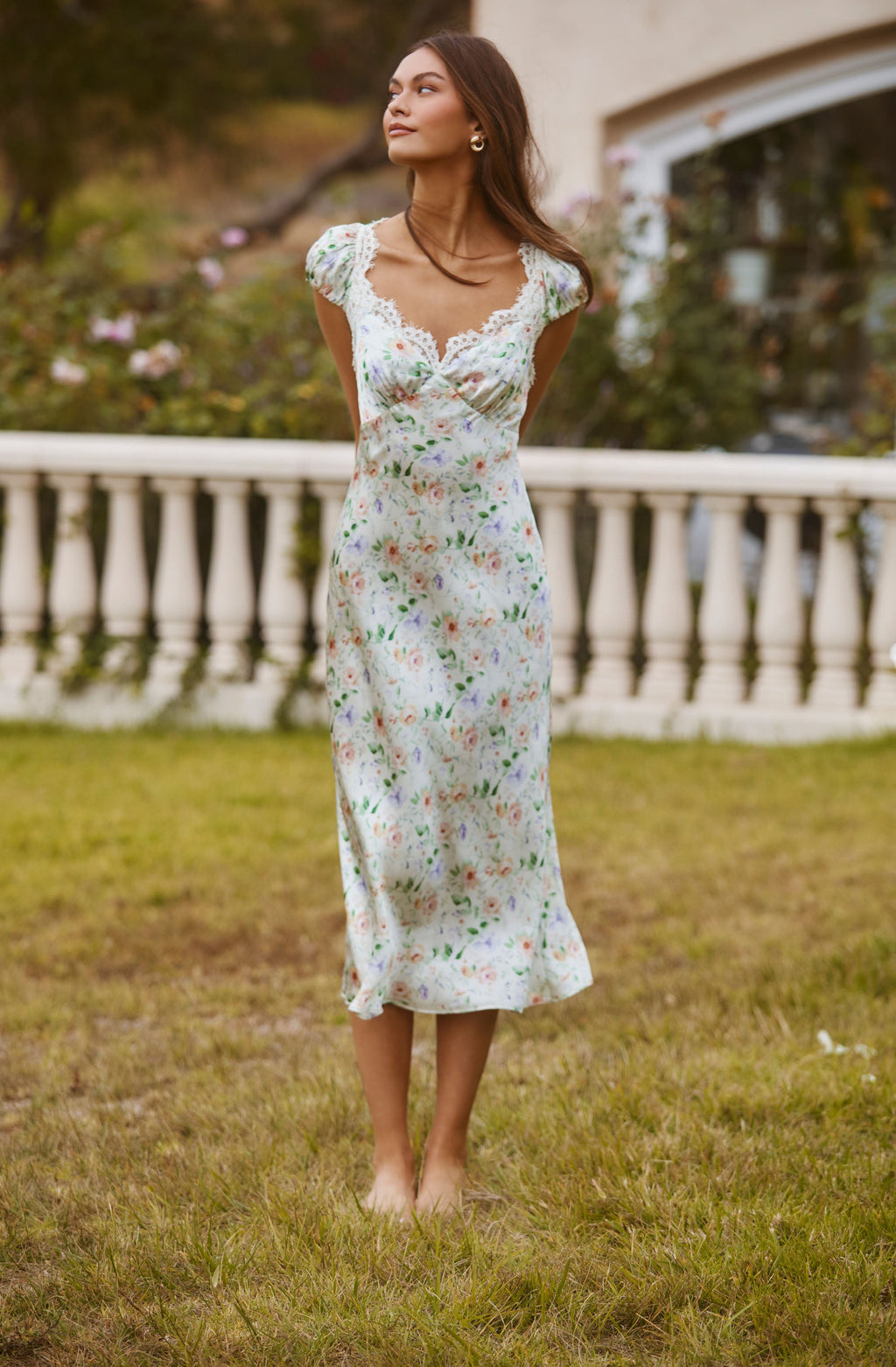 Makaela Puff Sleeve Floral Satin Midi Dress