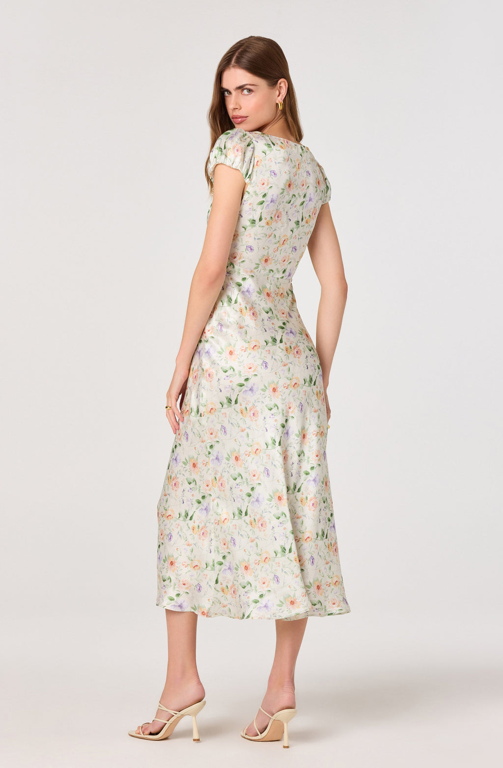 Makaela Puff Sleeve Floral Satin Midi Dress
