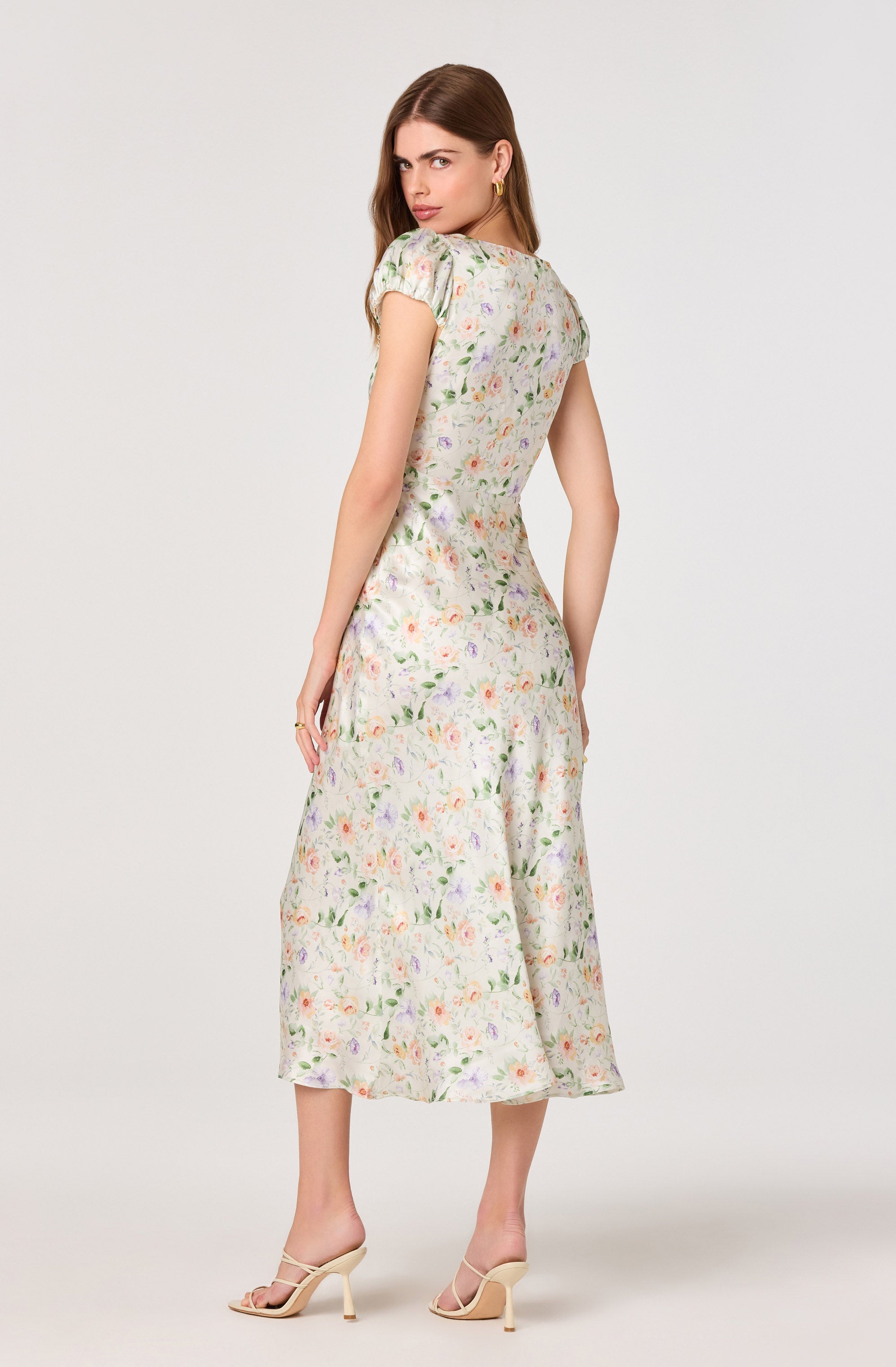 Makaela Puff Sleeve Floral Satin Midi Dress