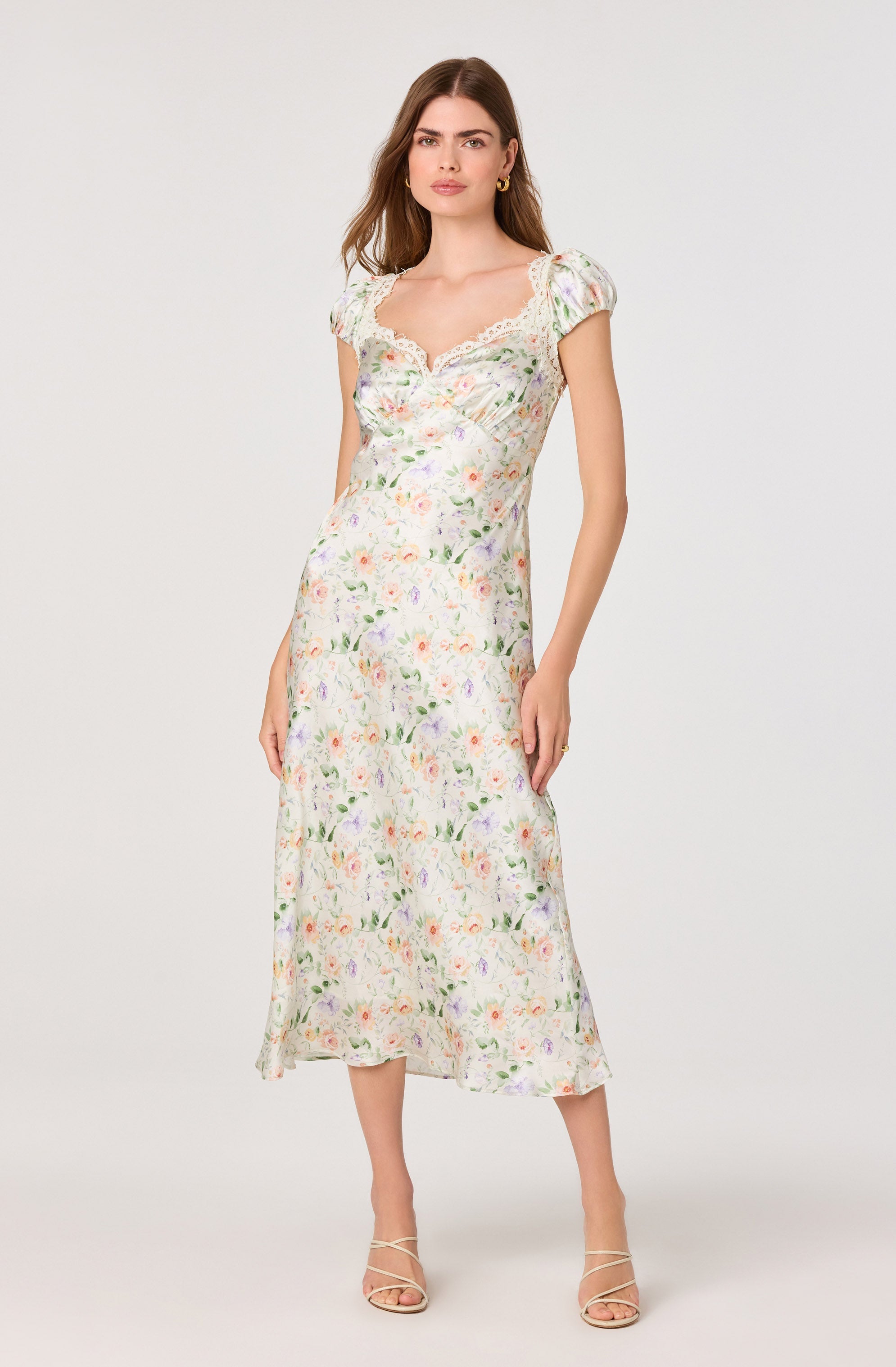 Makaela Puff Sleeve Floral Satin Midi Dress