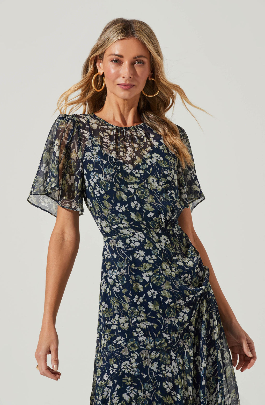 Flutter Sleeve Floral Asymmetric Maxi Dress