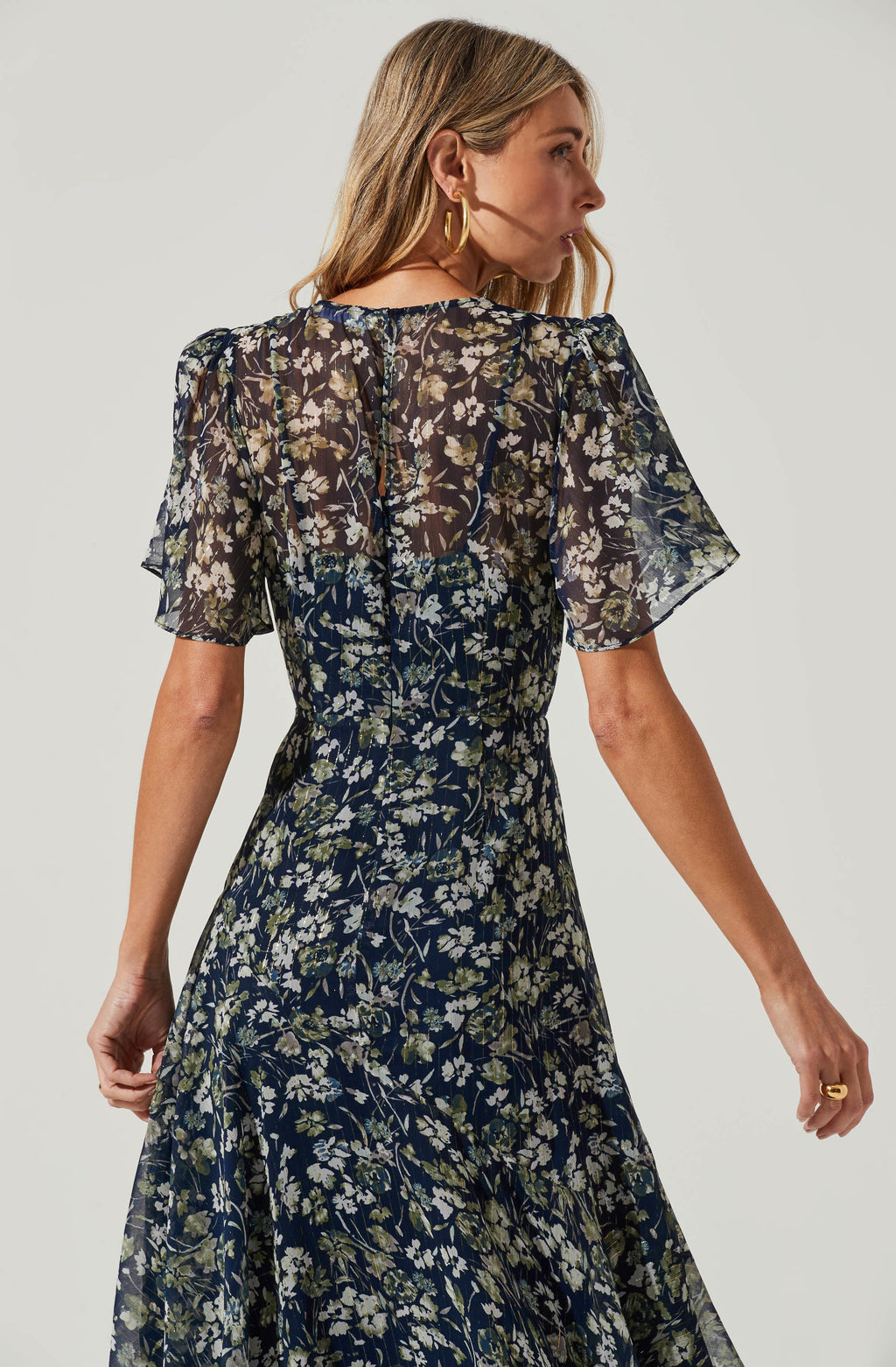 Flutter Sleeve Floral Asymmetric Maxi Dress