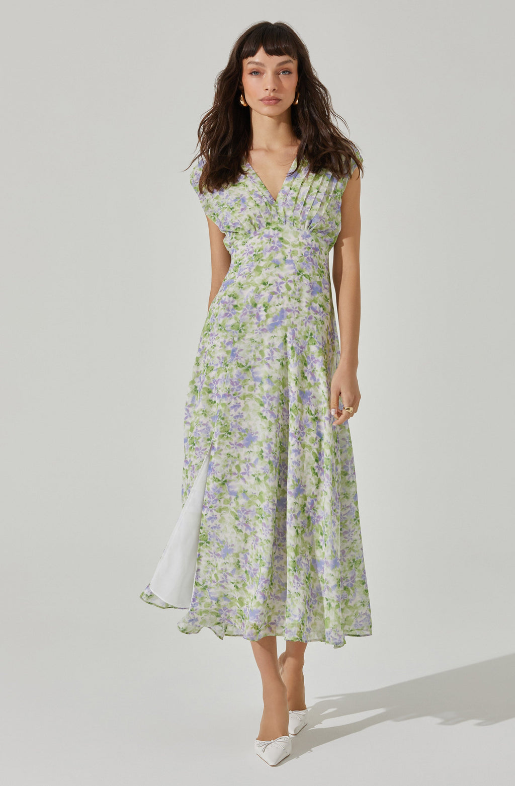 V-Neck Pleated Midi Dress