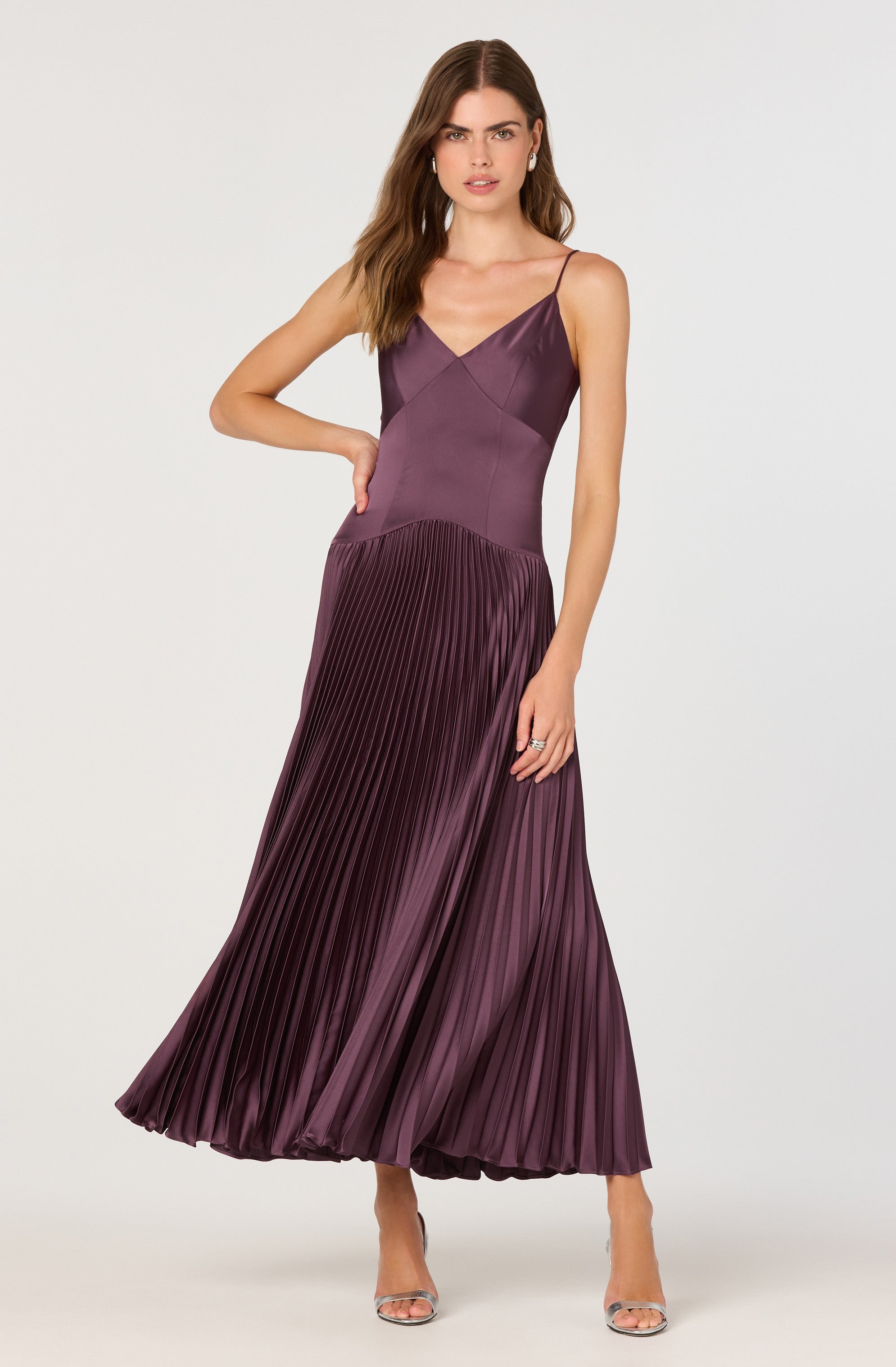 Satin Pleated Drop Waist Maxi Dress