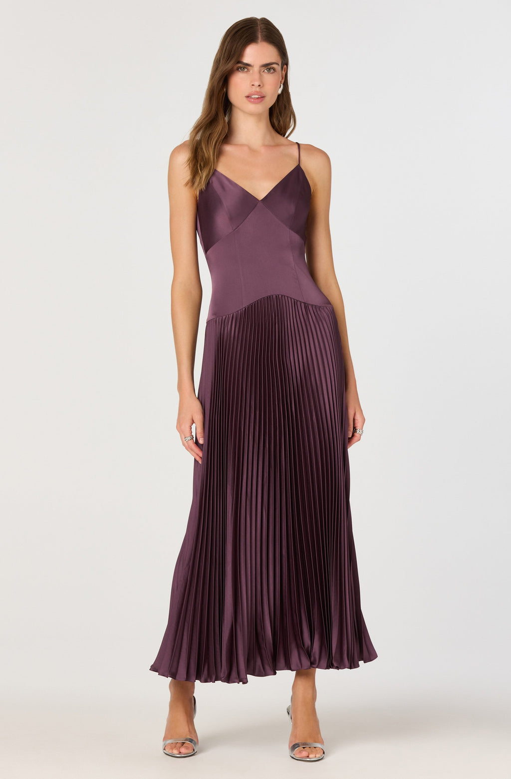 Satin Pleated Drop Waist Maxi Dress