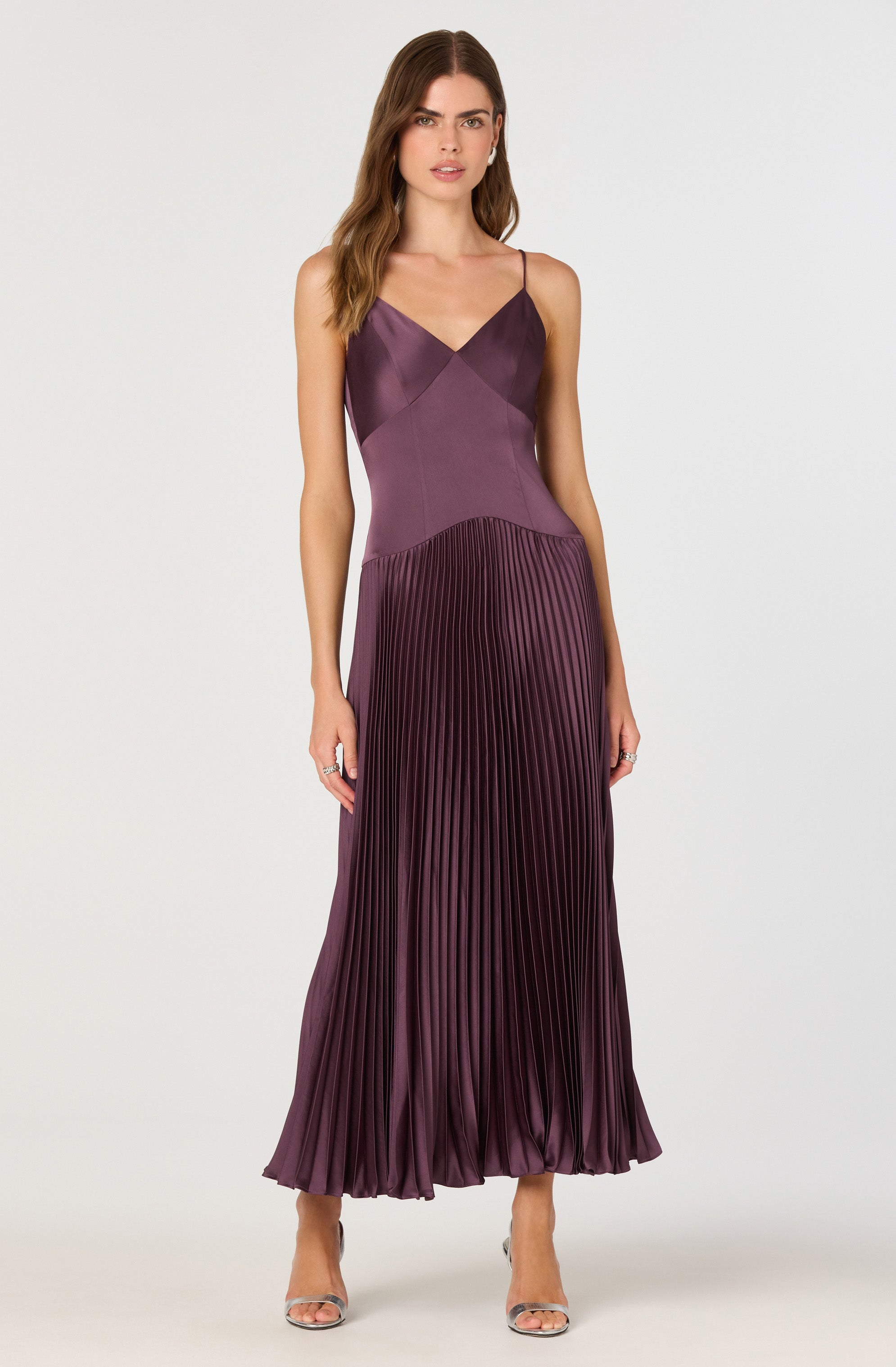 Satin Pleated Drop Waist Maxi Dress