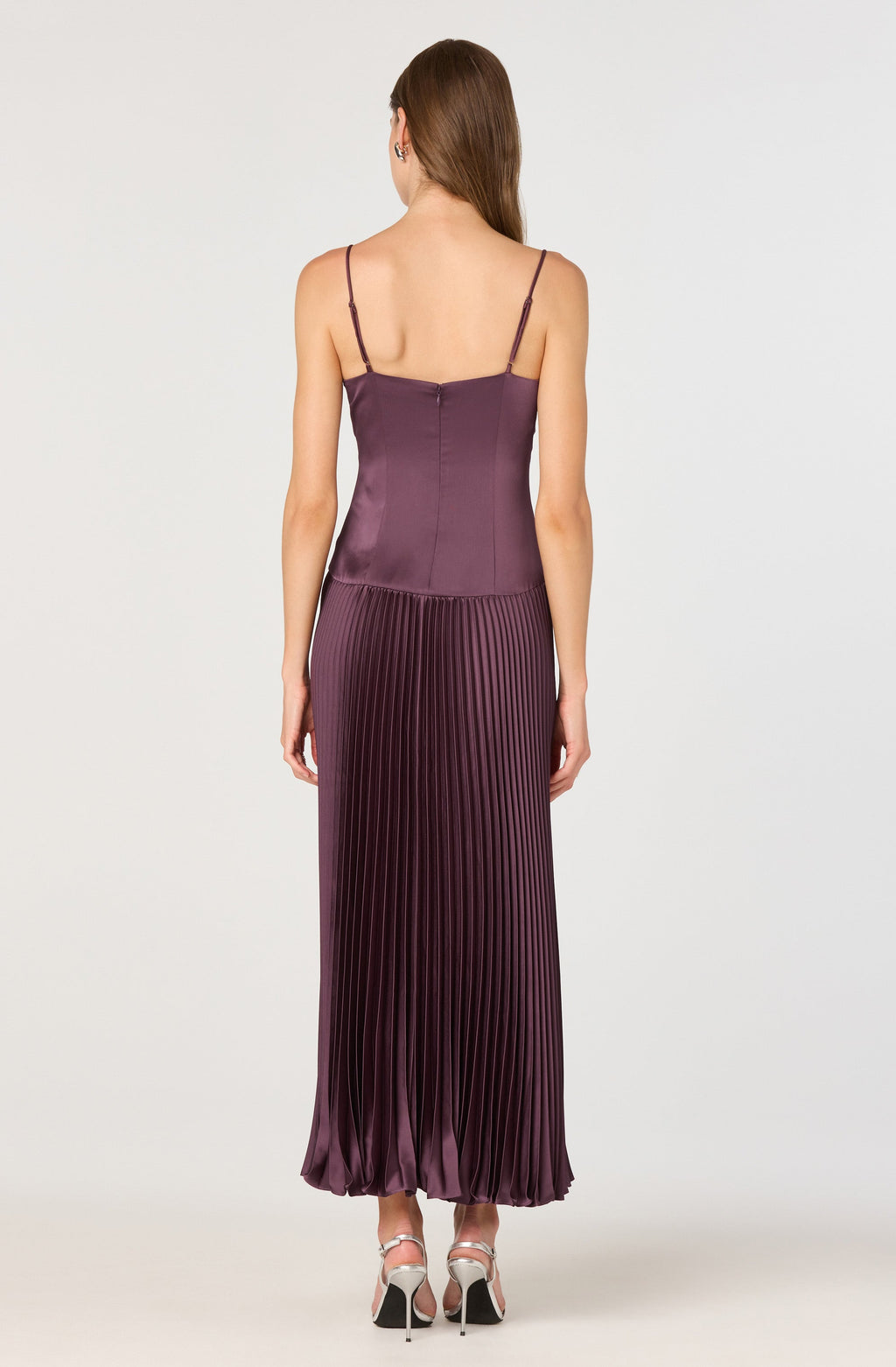 Satin Pleated Drop Waist Maxi Dress