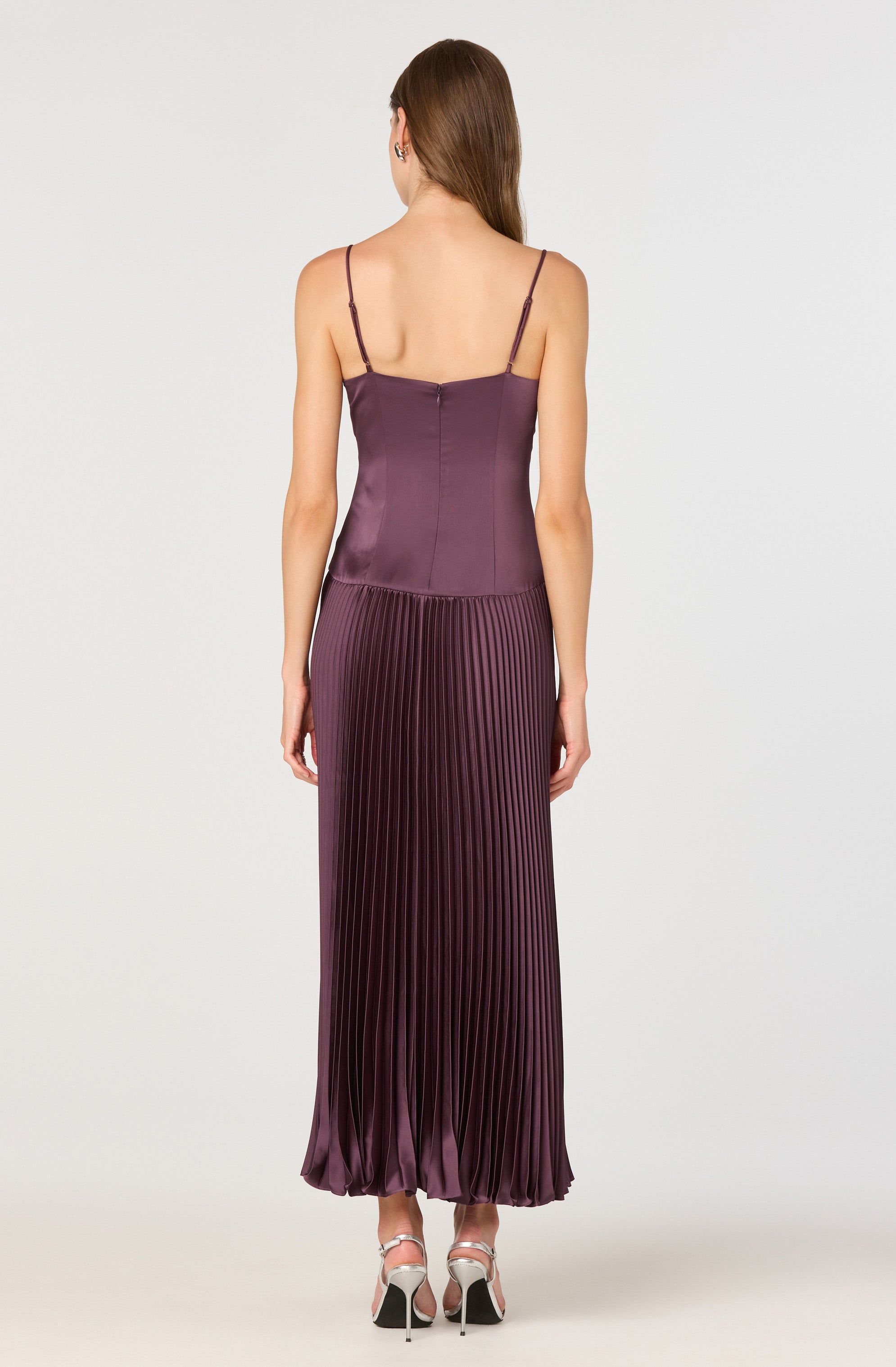 Satin Pleated Drop Waist Maxi Dress