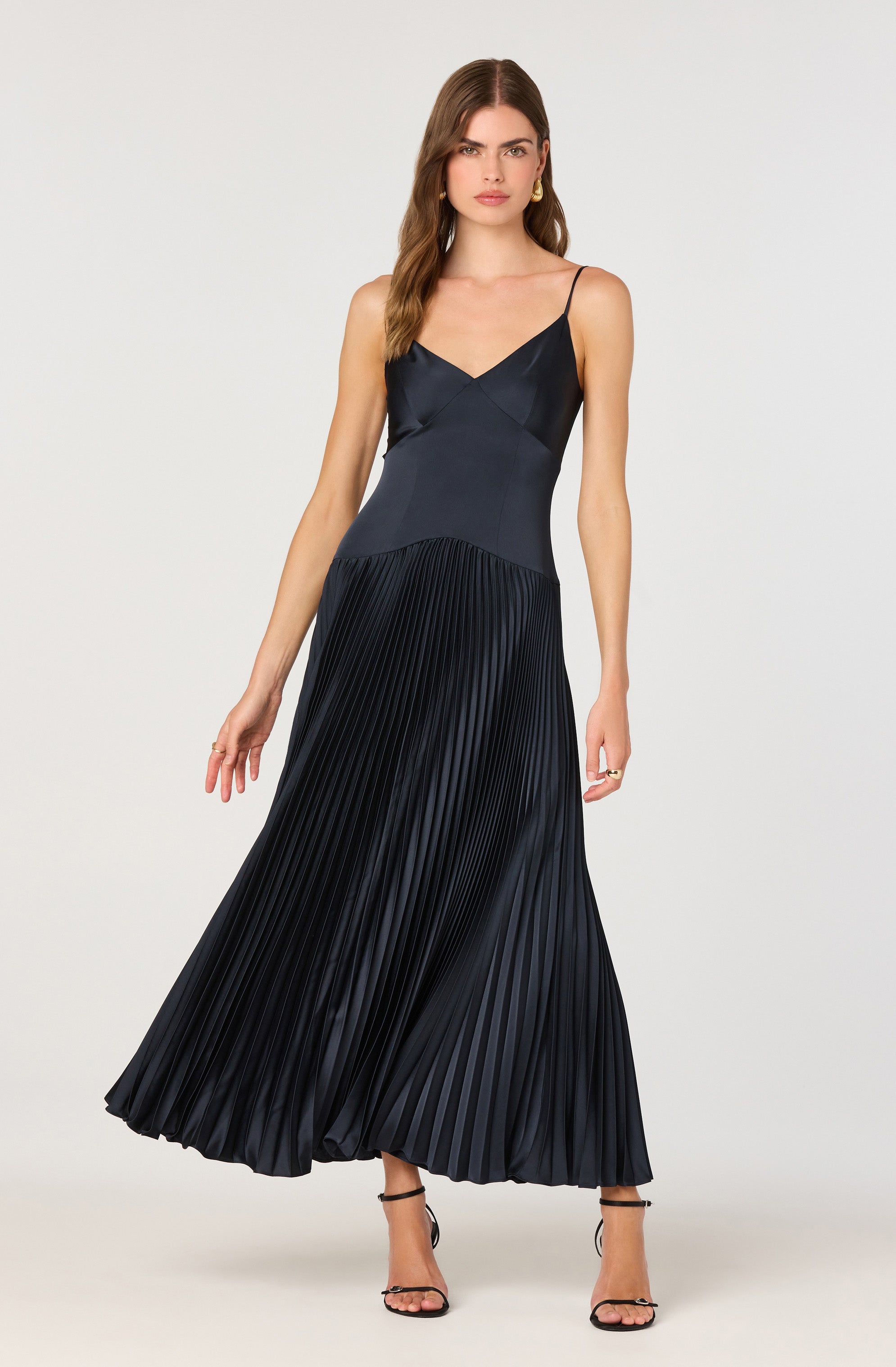 Satin Pleated Drop Waist Maxi Dress