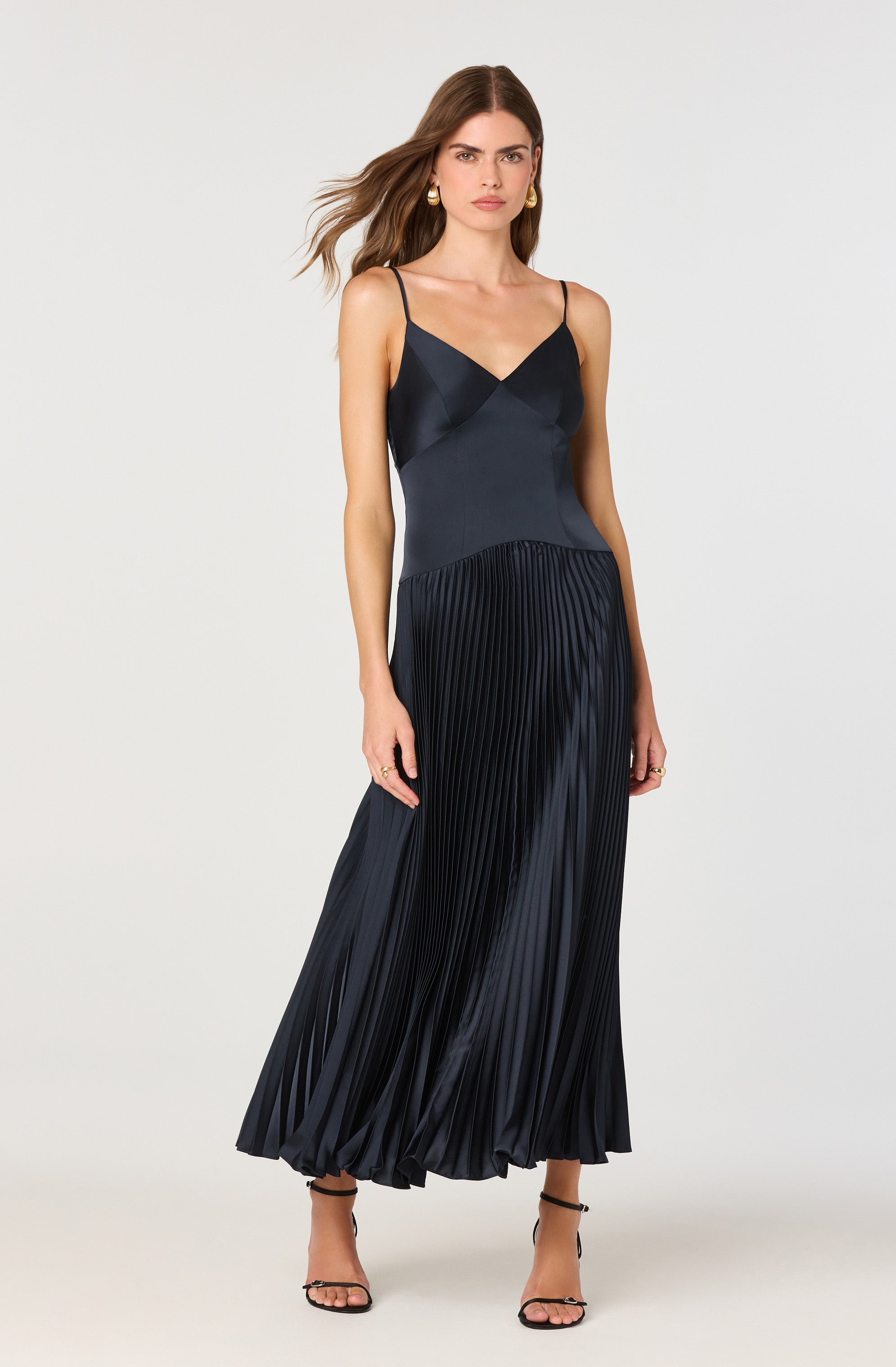 Satin Pleated Drop Waist Maxi Dress