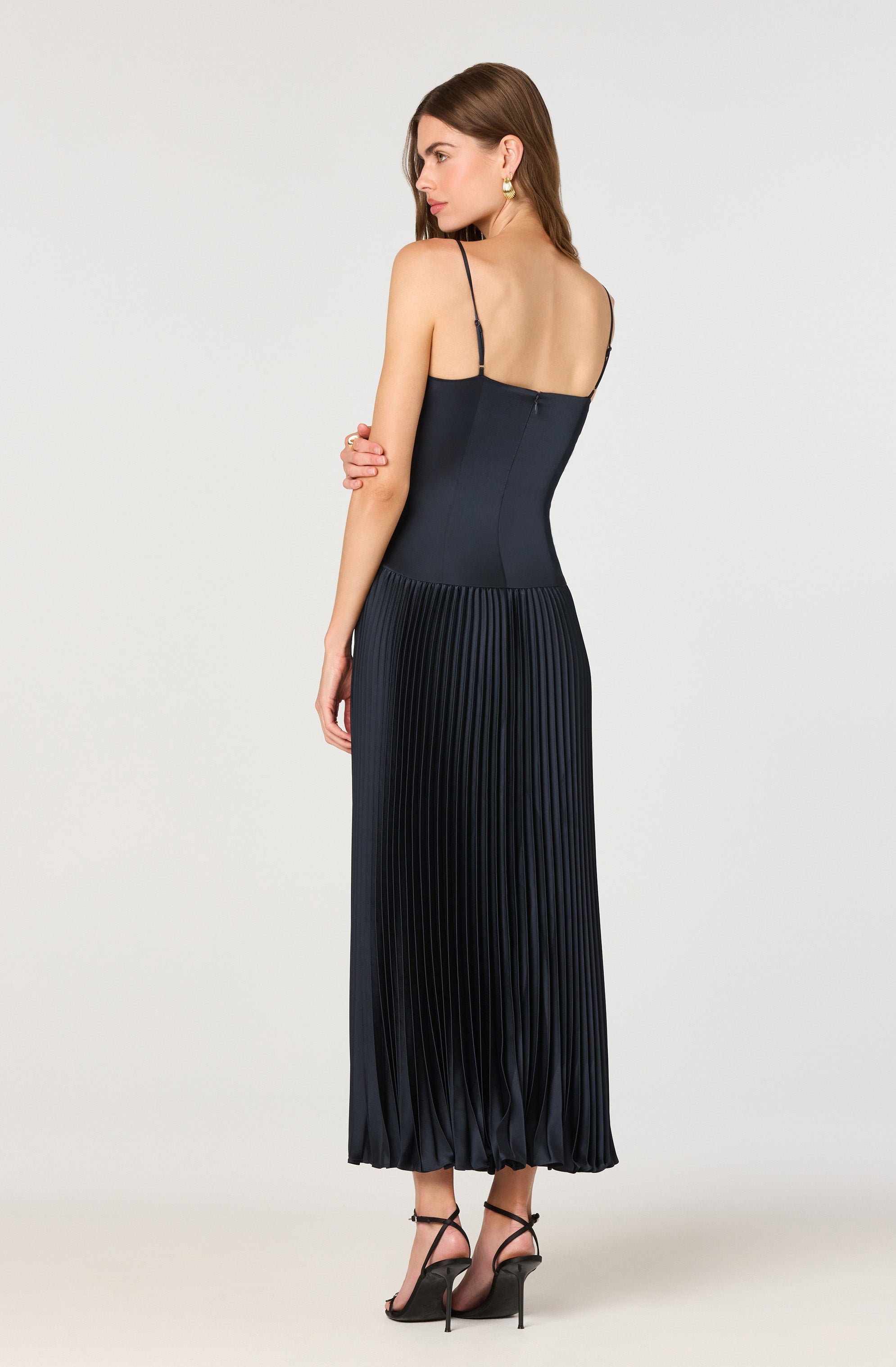 Satin Pleated Drop Waist Maxi Dress