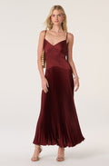 Satin Pleated Drop Waist Maxi Dress