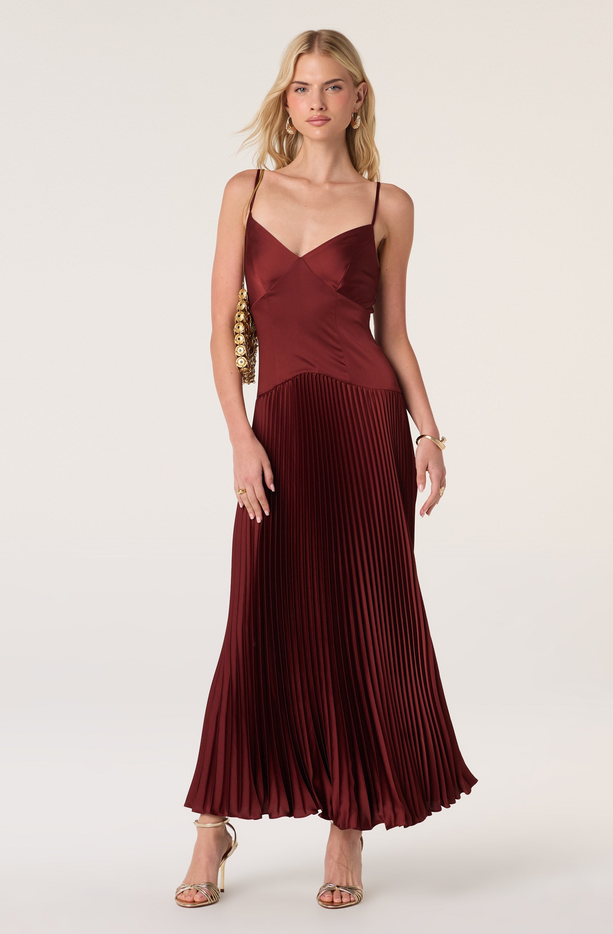 Satin Pleated Drop Waist Maxi Dress