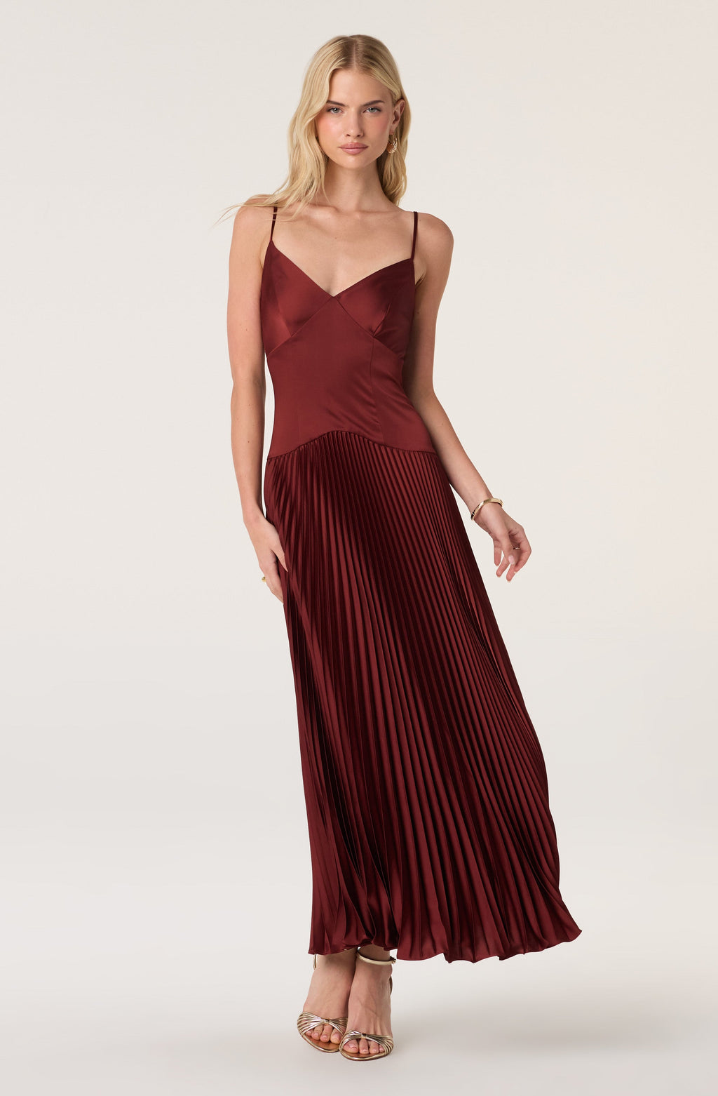 Satin Pleated Drop Waist Maxi Dress