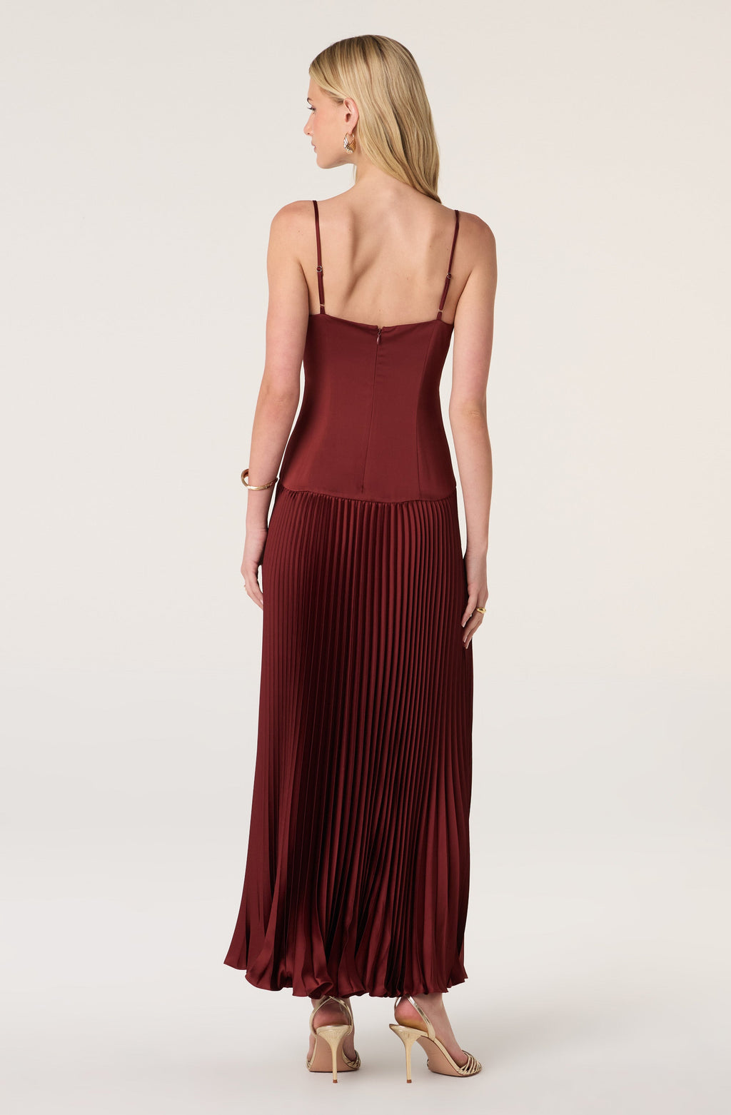 Satin Pleated Drop Waist Maxi Dress