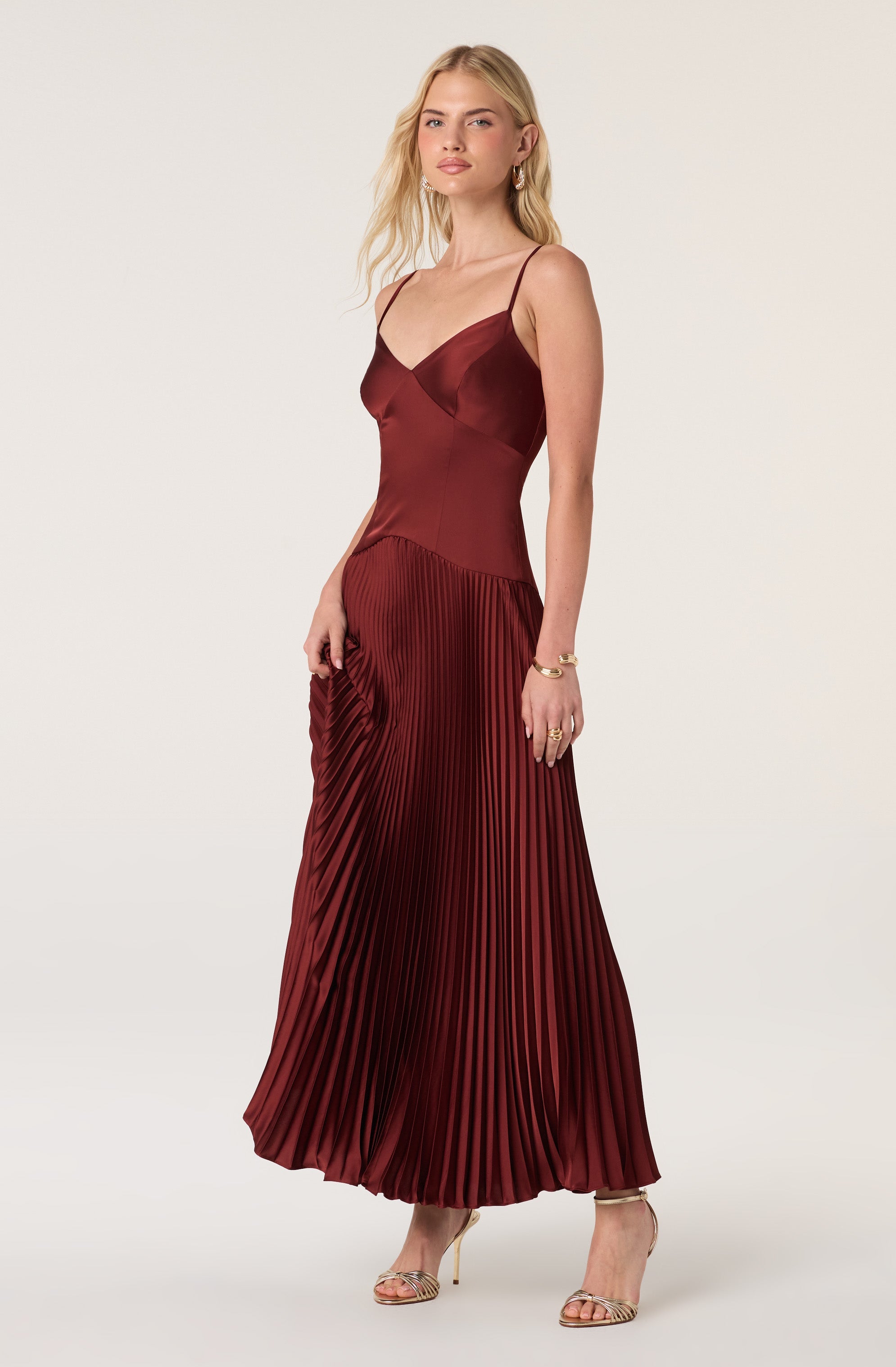 Satin Pleated Drop Waist Maxi Dress