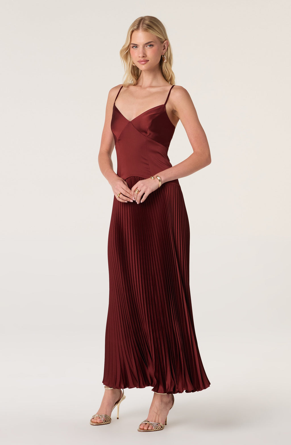 Satin Pleated Drop Waist Maxi Dress