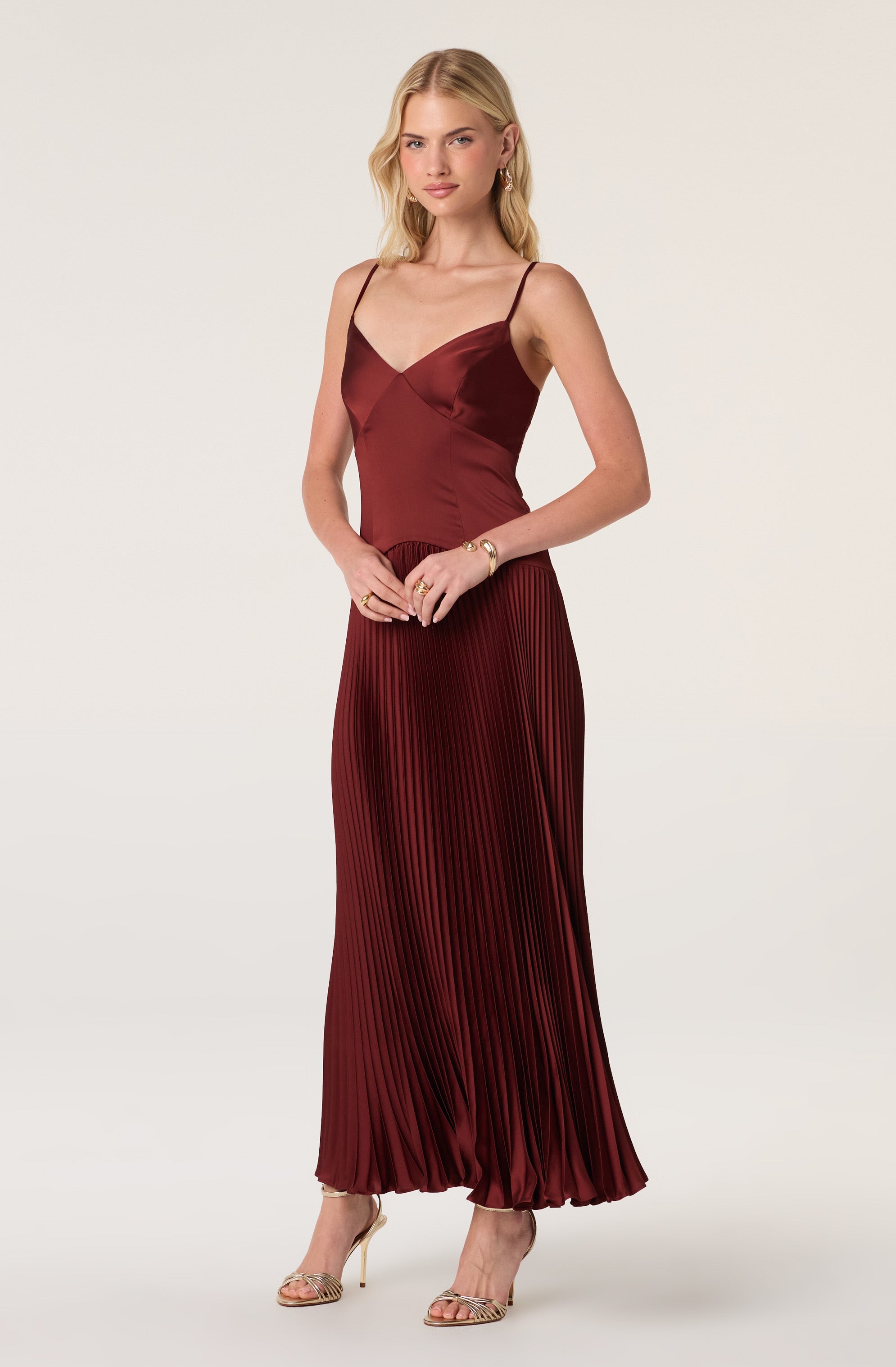 Satin Pleated Drop Waist Maxi Dress