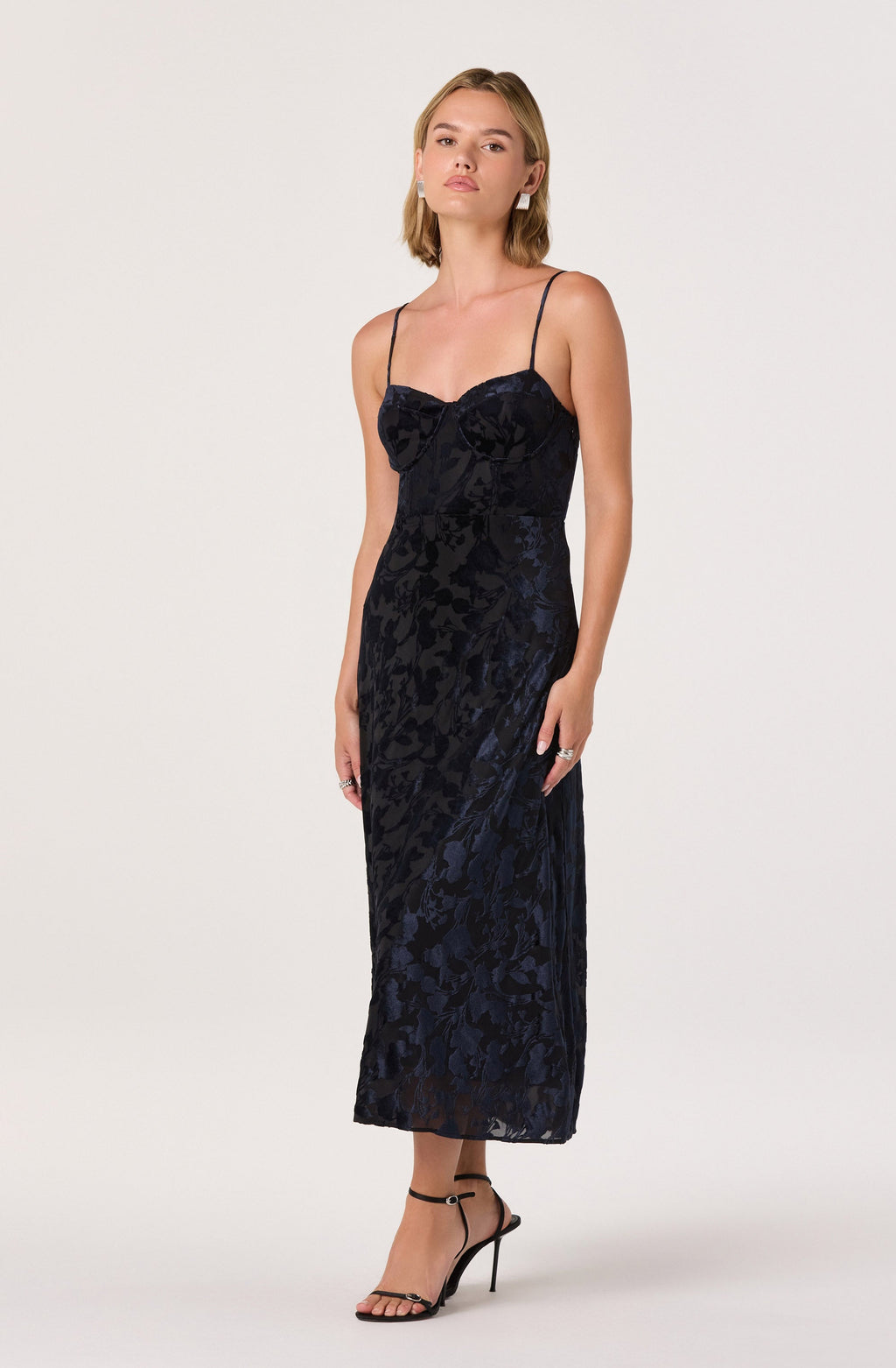 Velvet Floral Burnout Bustier Midi Dress