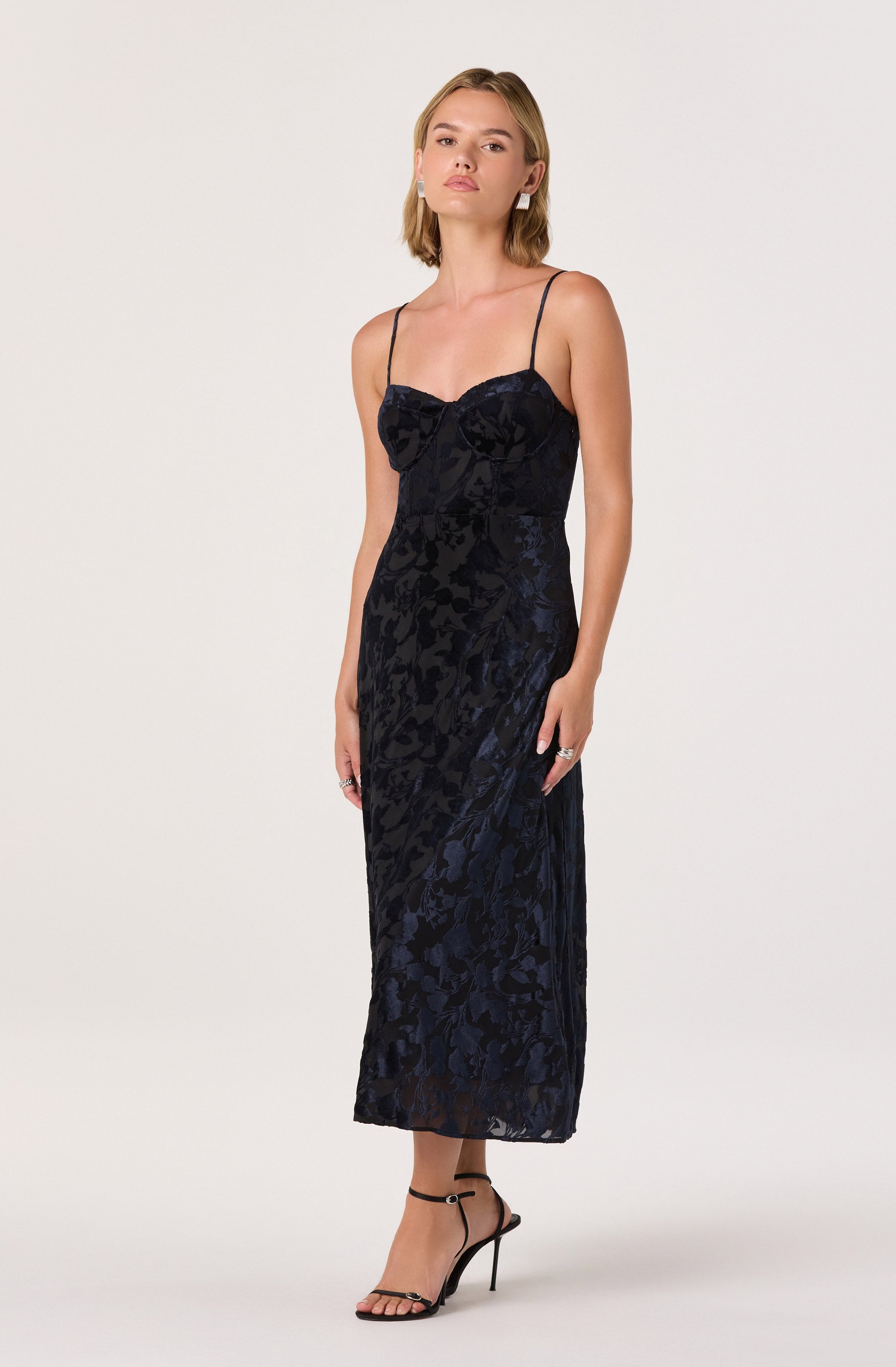 Velvet Floral Burnout Bustier Midi Dress