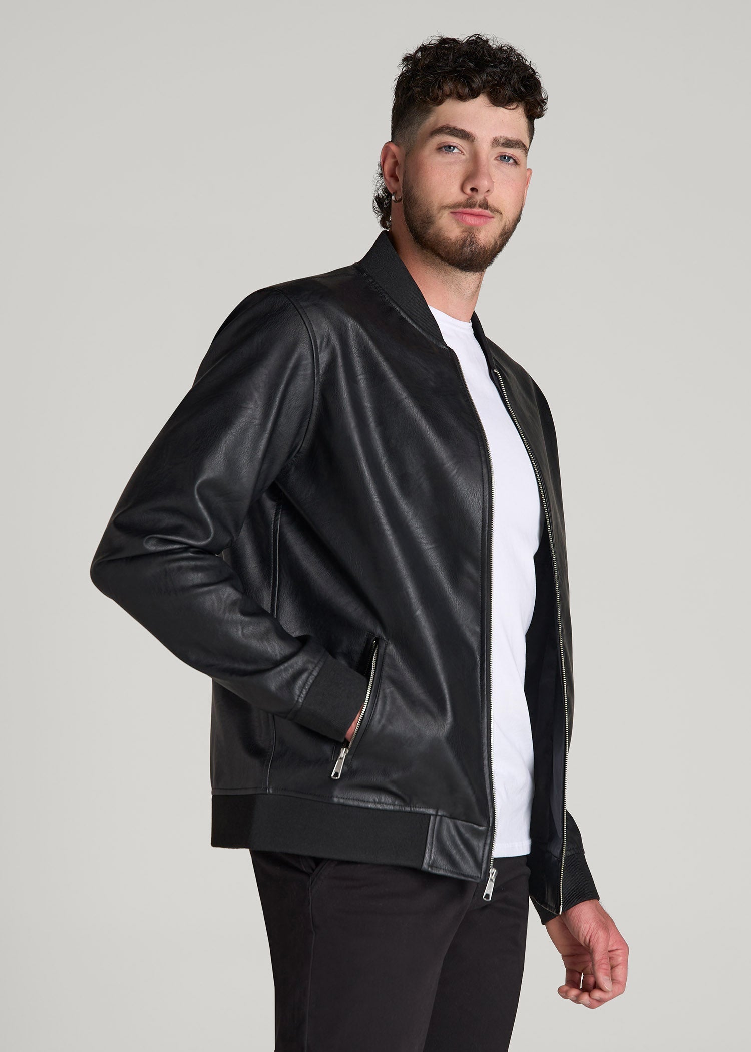 True Touch Leather Bomber Jacket for Tall Men in Black