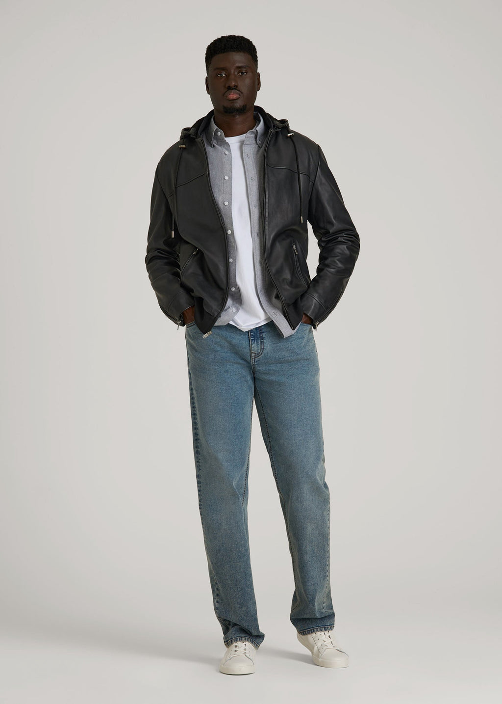 Genuine Leather Hooded Bomber for Tall Men in Black