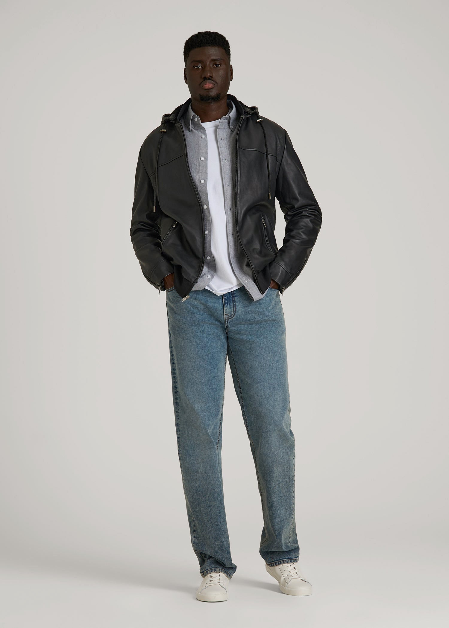 Genuine Leather Hooded Bomber for Tall Men in Black