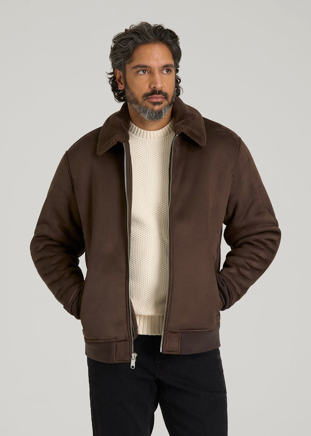 Sherpa Bomber Jacket for Tall Men in Bison Brown
