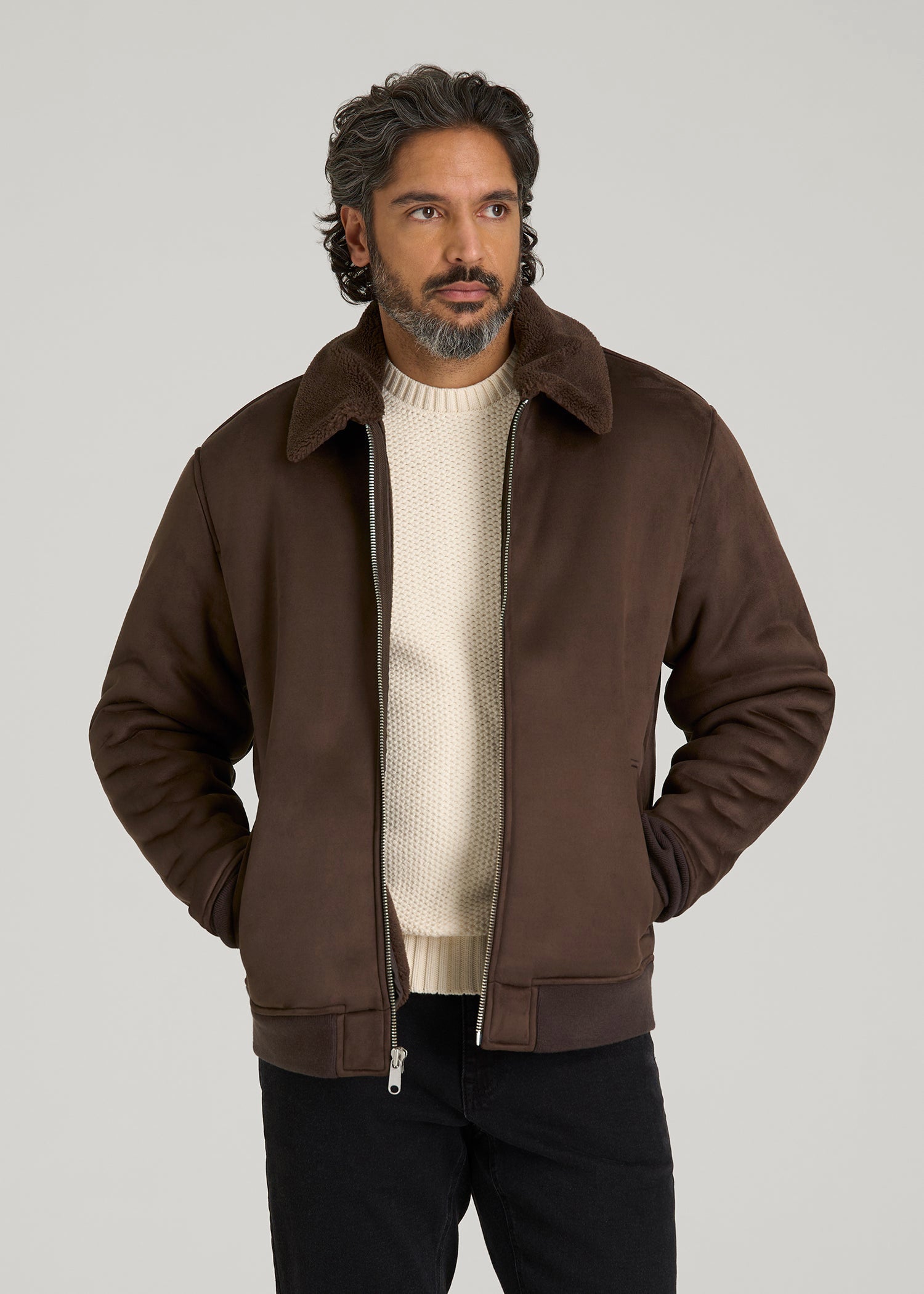 Sherpa Bomber Jacket for Tall Men in Bison Brown
