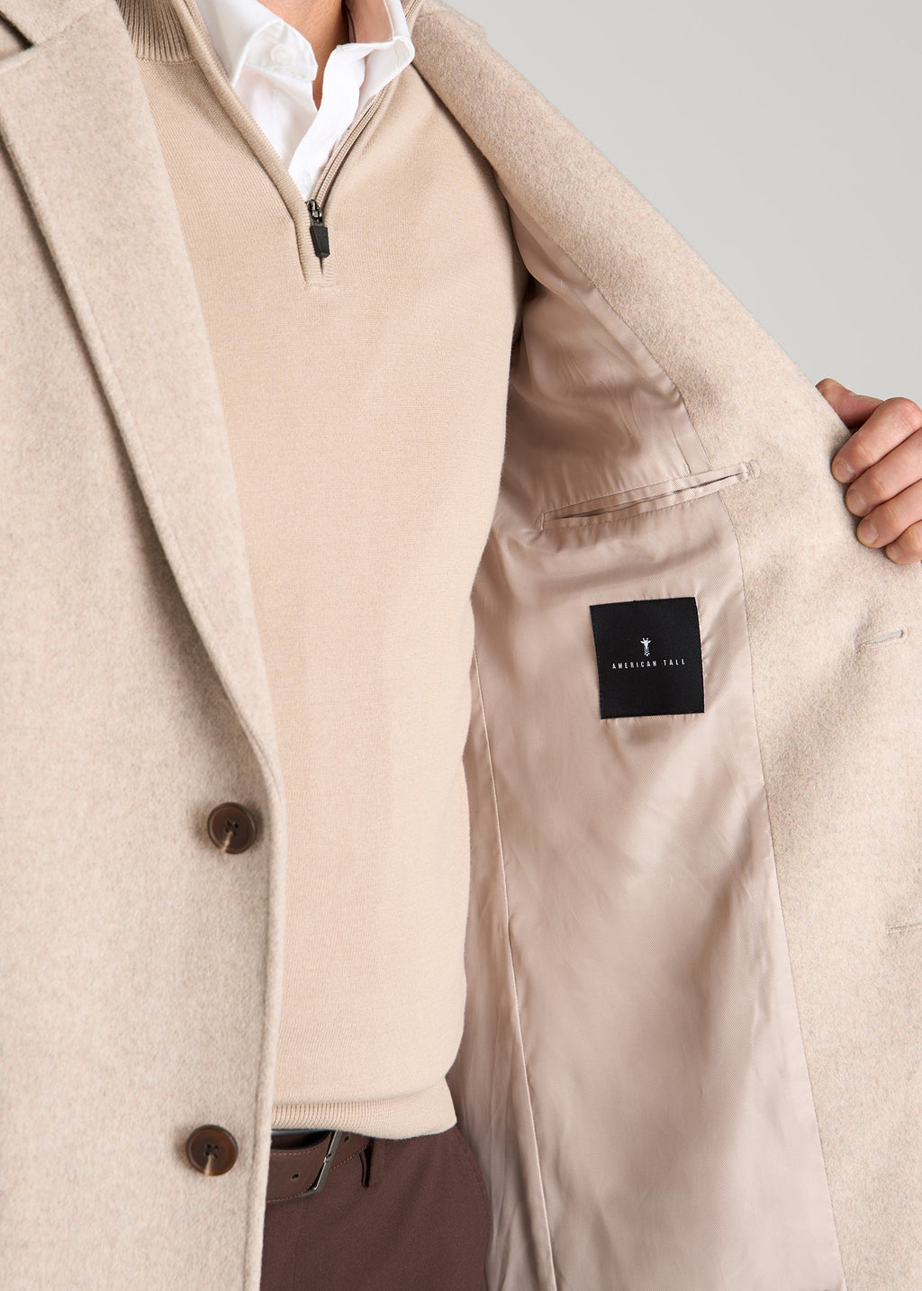 Wool Coat for Tall Men in Simply Taupe Mix