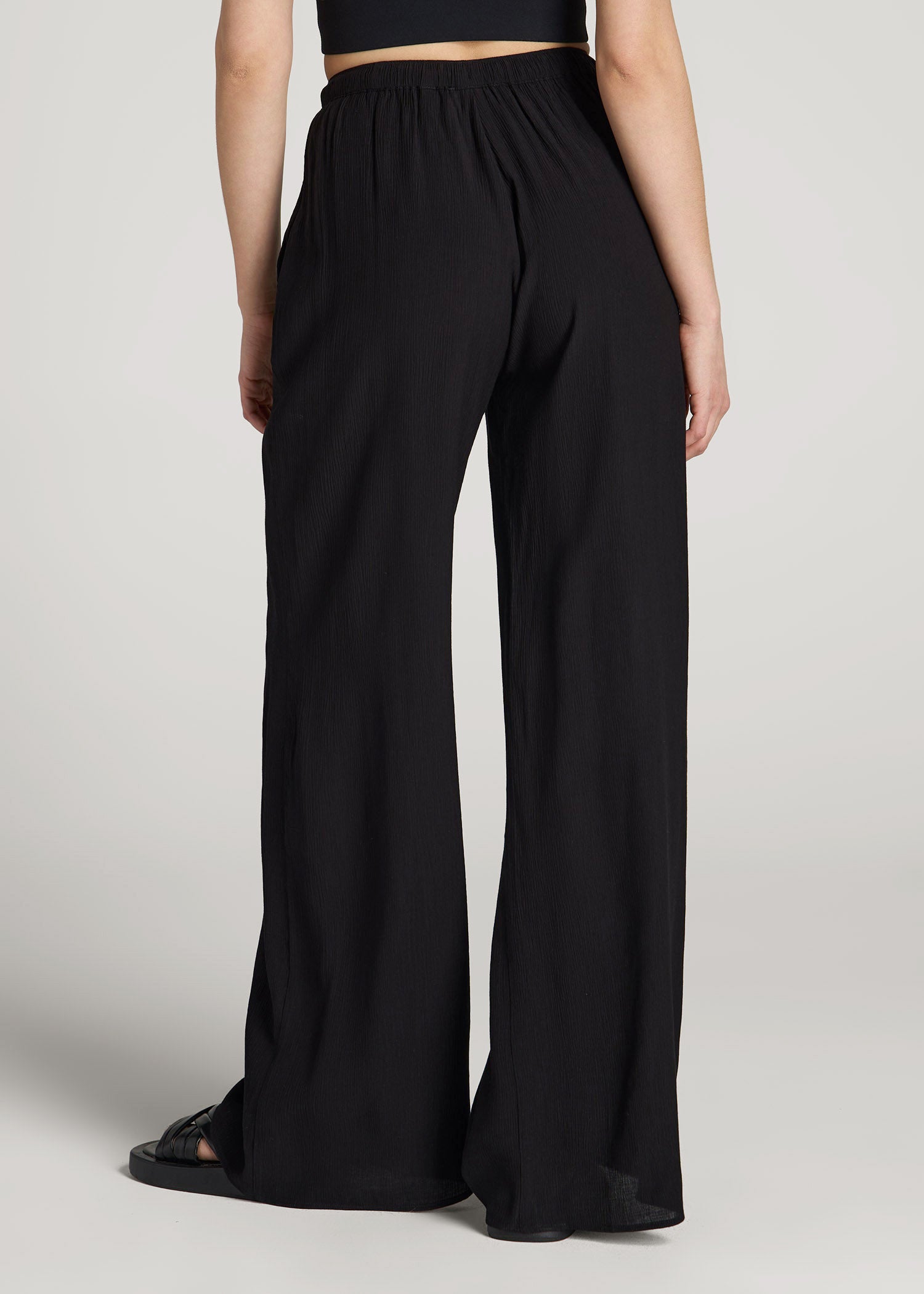 Crinkle Pull-on Wide-leg Pants for Tall Women in Black