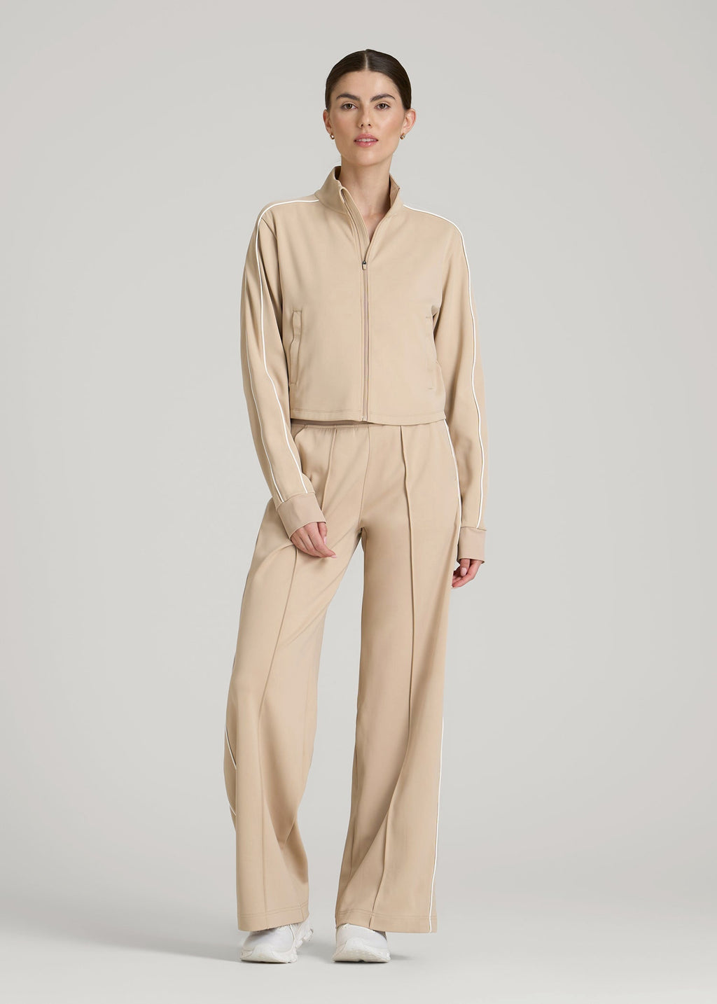 Cropped Track Jacket with Piping for Tall Women in Clay